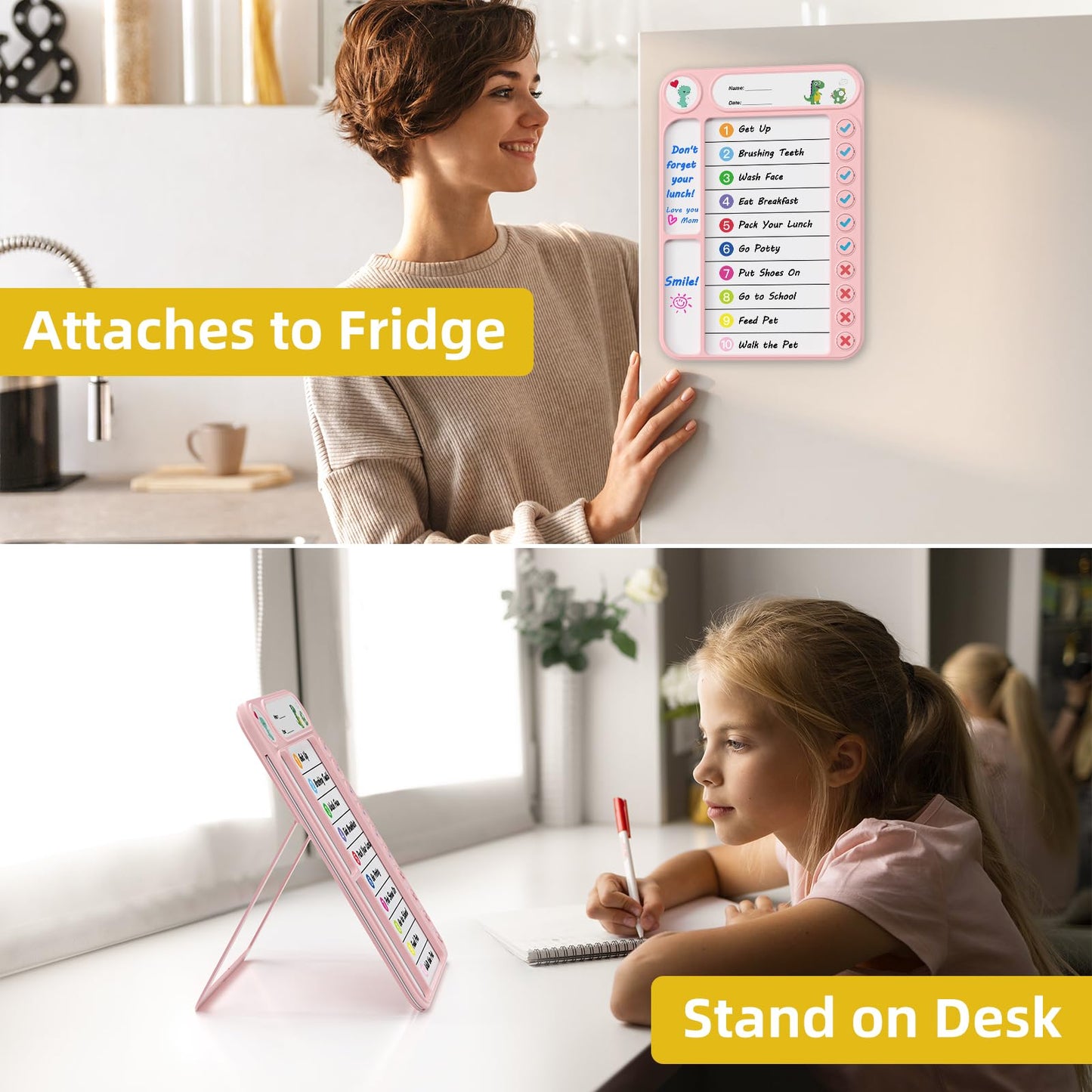 2-Pack Magnetic Chore Chart for Kids, ADHD Task Tracker Easy-Check Routine Dry Erase Board, to-Do List Planning Tool with Stand for Fridge/Desk/Home/School, 6 Reusable Sheets, 4 Markers Pink