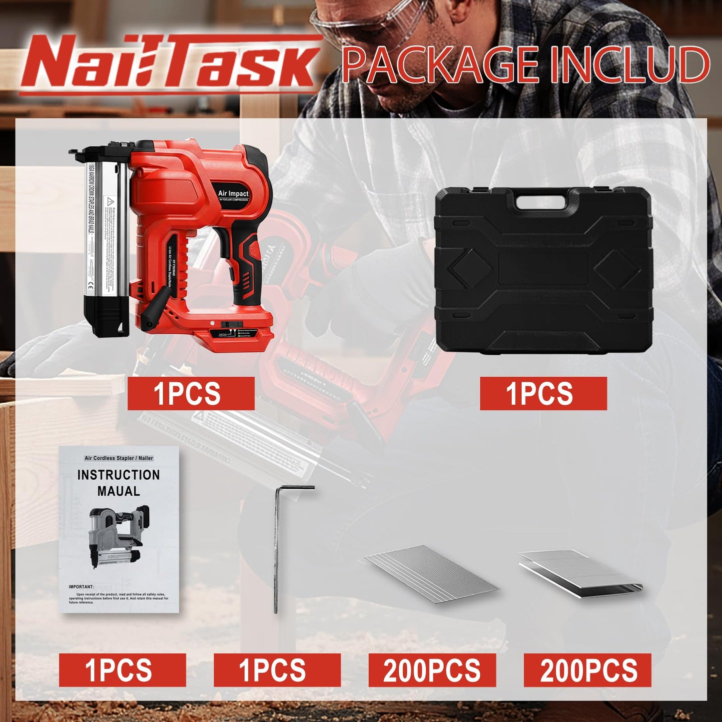NailTask 20V 18 Gauge Cordless Nail Gun Safety Pin 2 Inch Power Brad Nailer with 18GA Machine Electric Staple 2 in 1 Gun Nails Kit for Wood Upholstery DIY Framing Home Improvement (No Battery)