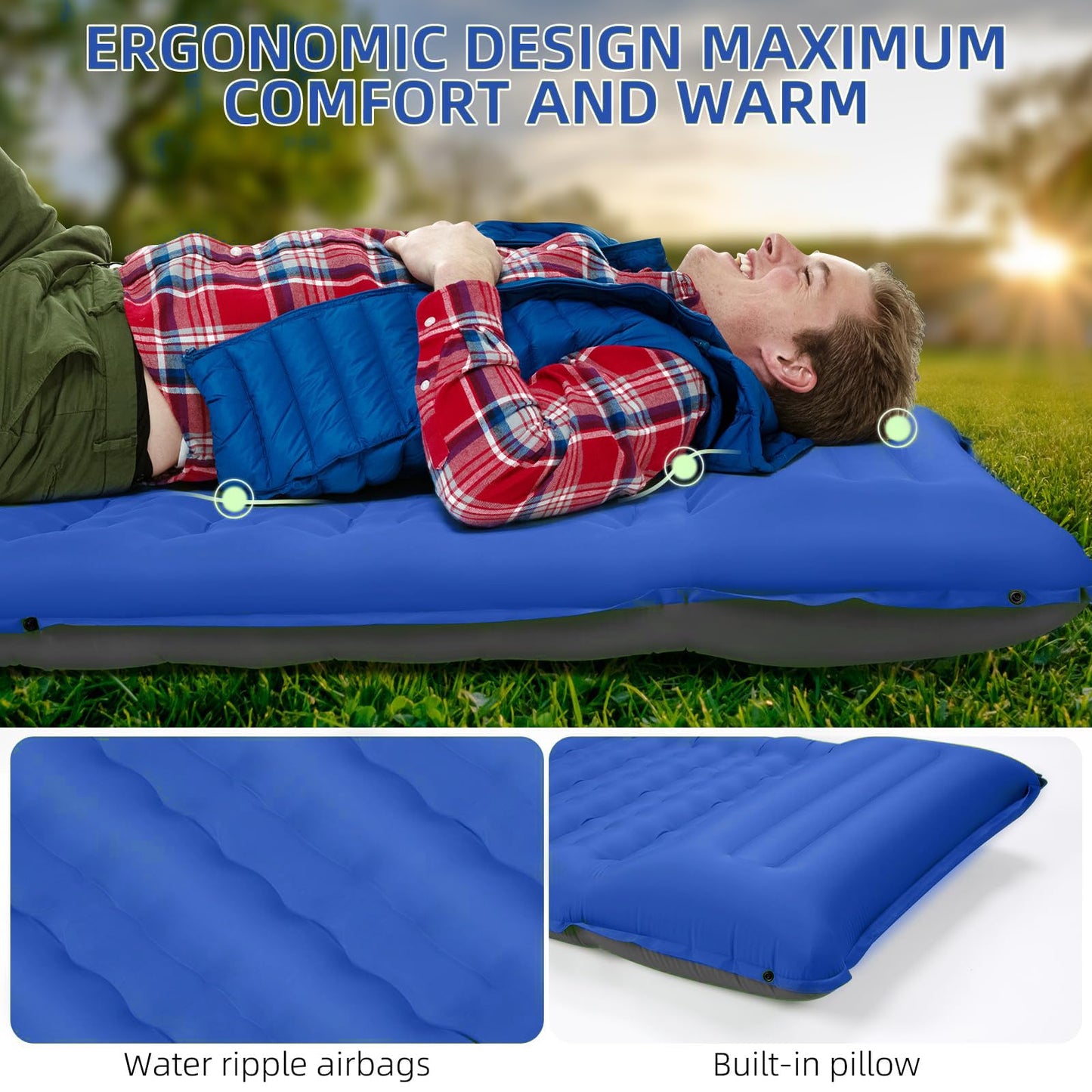 FNARMW Camping Sleeping Pad, Extra Thick 5 Inch Camping Mat with Pillow Built-in Foot Pump Inflatable Sleeping Pads Compact for Camping Backpacking Hiking Traveling Tent(Blue Grey)