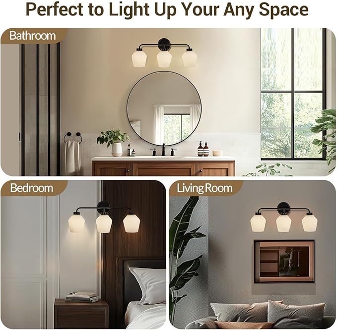 ANDY STAR Black Bathroom Light Fixture, 3-Light Bathroom Vanity Light, 25" Geometric Wall Light with Milky White Frosted Glass Shade, Industrial Metal Wall Sconce, E26 Base, Easy Installation