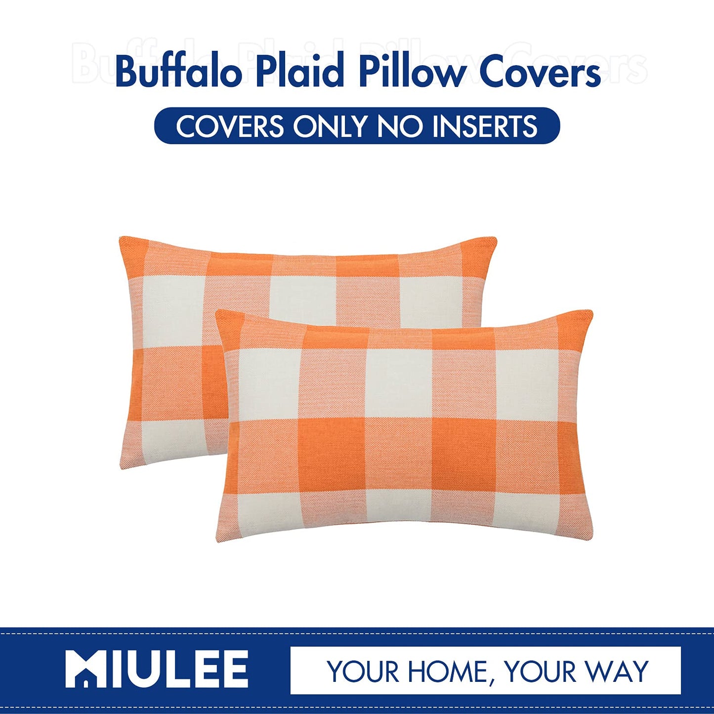 MIULEE Fall Throw Pillow Covers Pack of 2 Classic Farmhouse Buffalo Check Plaids Linen Soft Solid Orange and White Decorative Outdoor Cushion Case for Sofa Bedroom 12 x 20 Inch 30 x 50 cm
