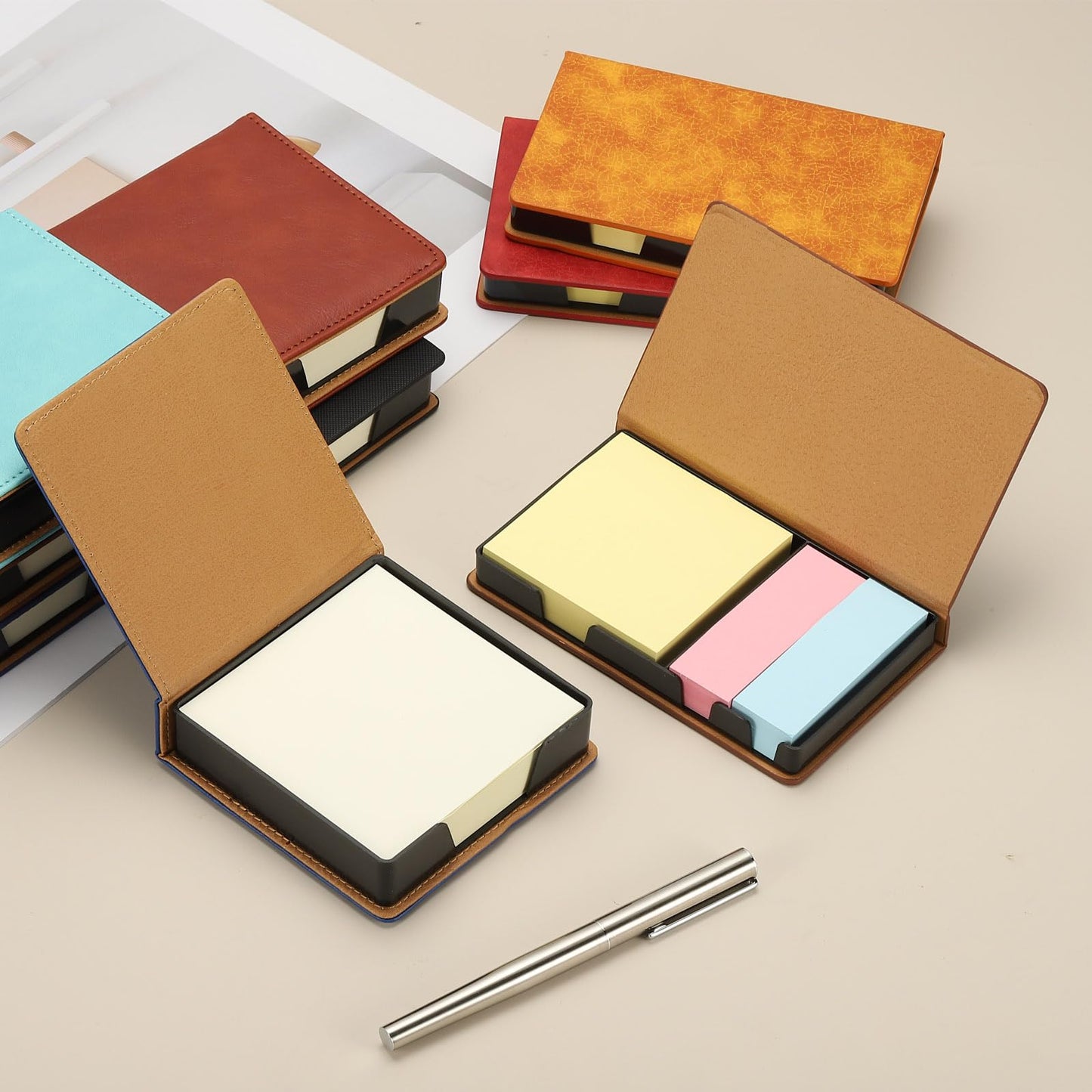 PATIKIL 140 Sheets Leather Sticky Notes Holder, 10in Post Notes Holder Storage Box Desktop Mini Square Case Business Card Holder Memo Pad Organizer for Desk Home Office Notebook, Red