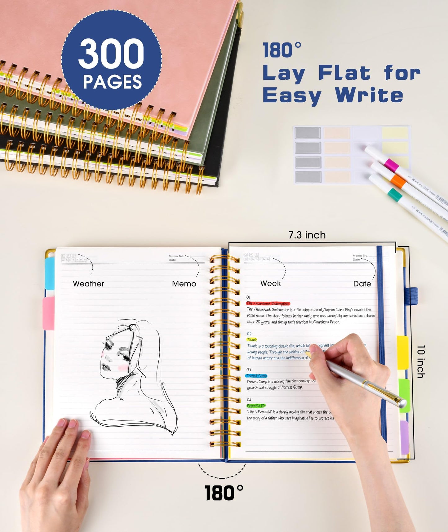 Hardcover Spiral Notebook journal with Removable Dividers Tabs, 300 Pages Leather 5 Subject Notebook College Ruled, 8"x10" Large B5 Notebooks for Work School Note taking, Lined Journal for Women,Navy
