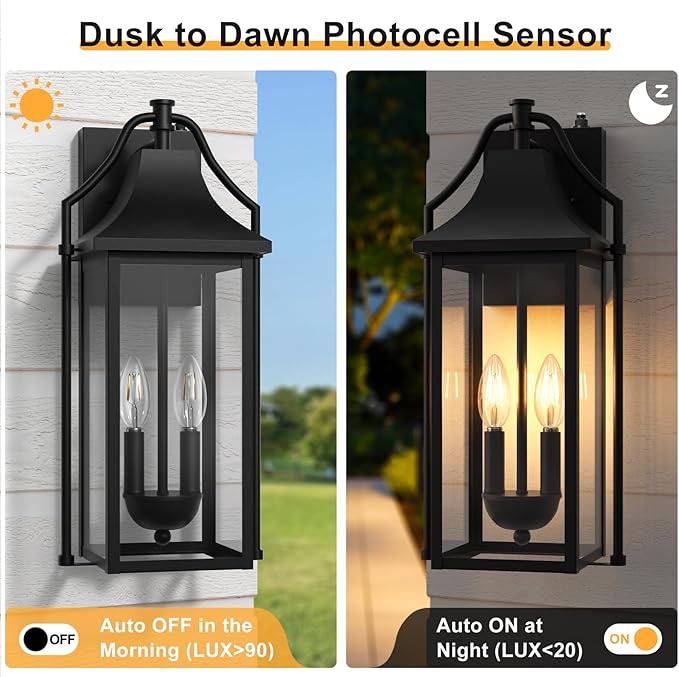 πππ°π΅ Outdoor Wall Sconce Fixture, Dusk to Dawn Patio Lights Waterproof Exterior Lanterns, 2-Light Modern Wall Light Mounted with Glass, Black Outside Lights for House Front Door Entryway