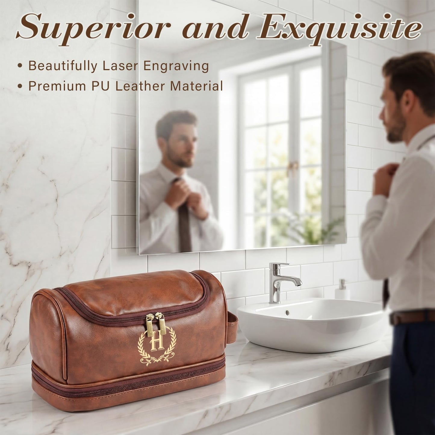 Groomsmen Gifts for Men Travel Toiletry Bag, Personalized Leather Toiletry Bag with Handle & Hook, Water Resistant Shaving Kit Bag for Wedding Party Bachelor Party Favors Bestman Gifts(C)