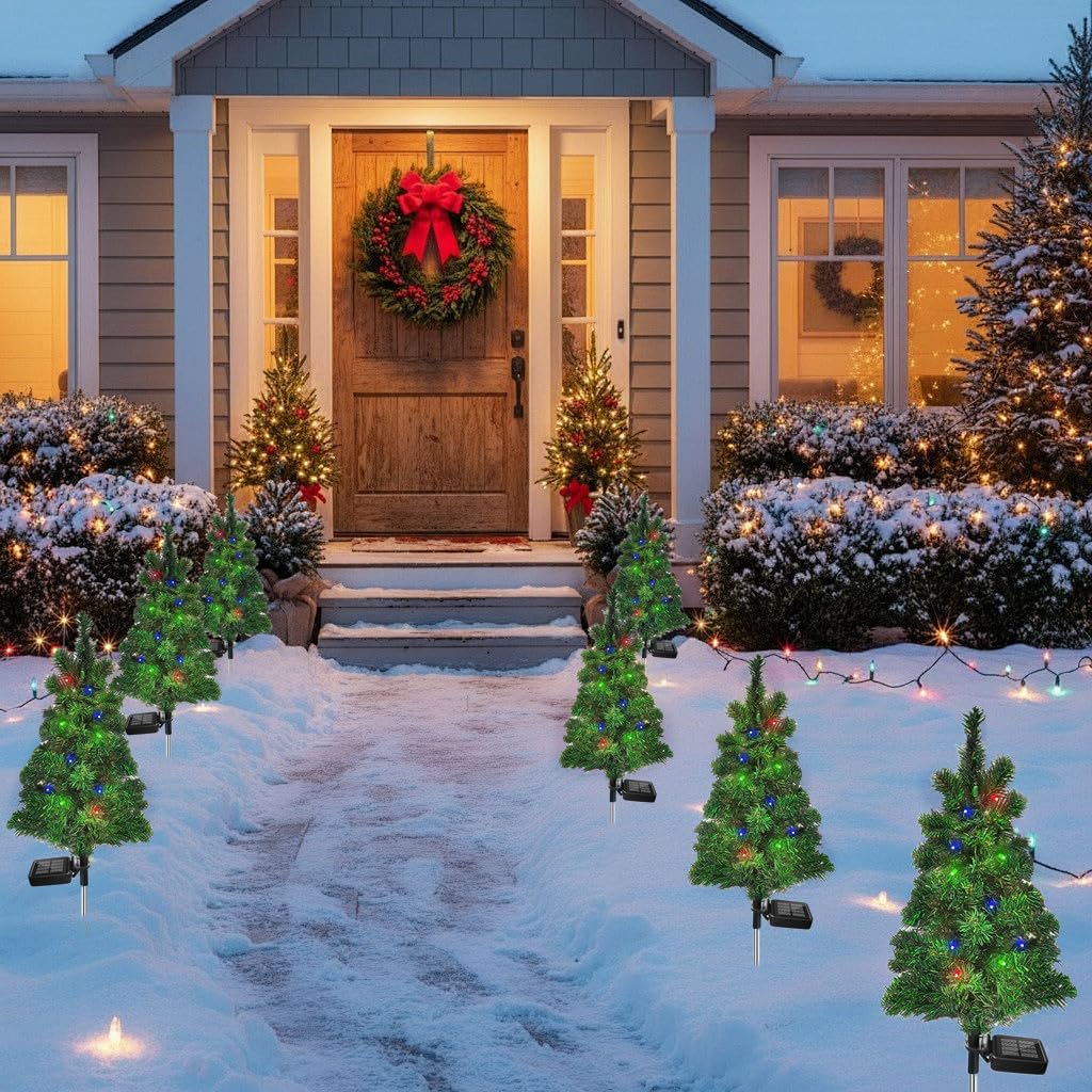 4PCS Solar Christmas Tree Garden Stake Lights Outdoor Waterproof Pathway Lights Xmas Tree Light for Lawn Patio Yard Front Porch Christmas Decor