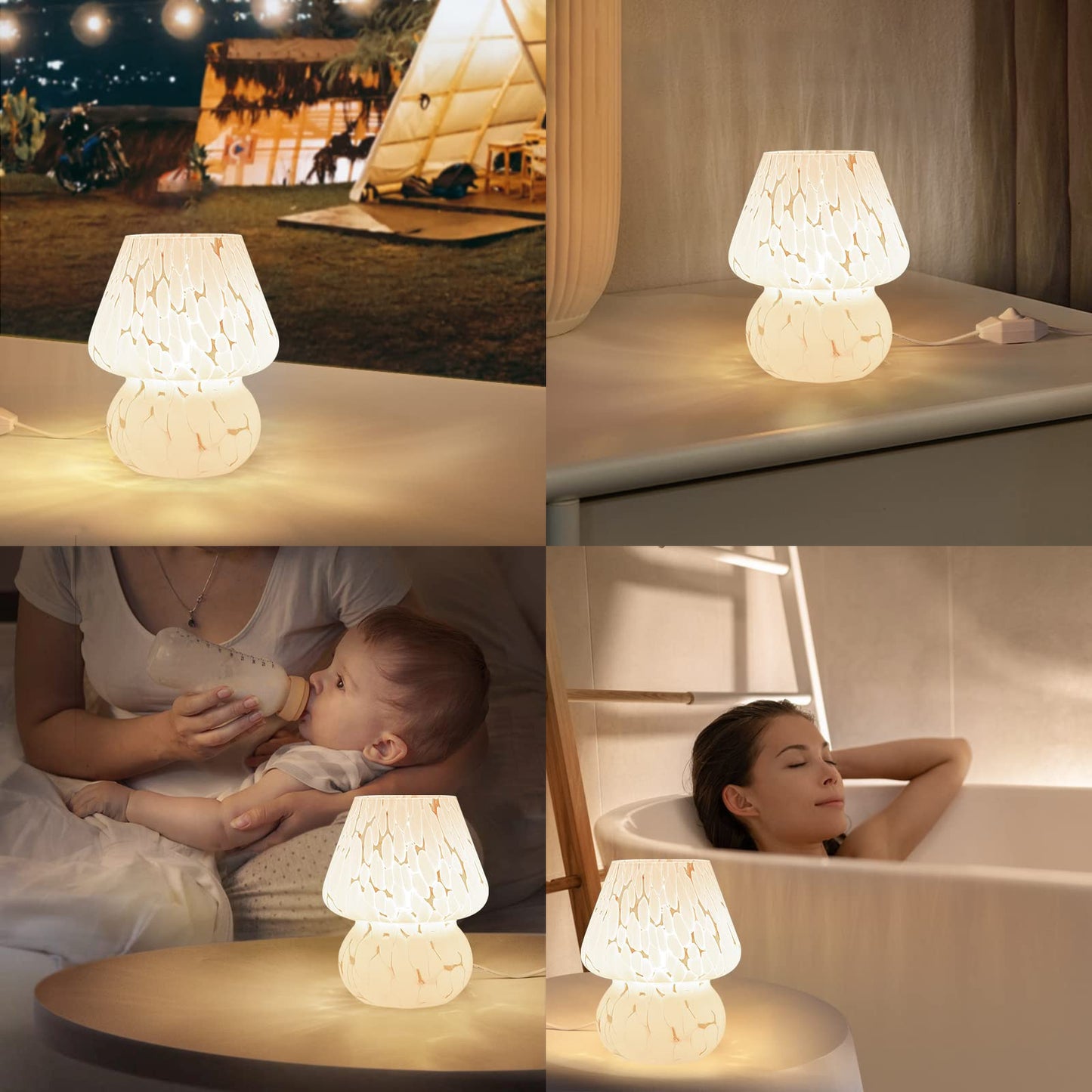 ONEWISH Cute Mushroom Lamp Small Bedside Table Lamp Set of 2 Stepless Dimmable, Translucent Glass White Nightstand Lamp for Bedroom Dorm Kids Room Living Kitchen, Murano Aesthetic Home Decor