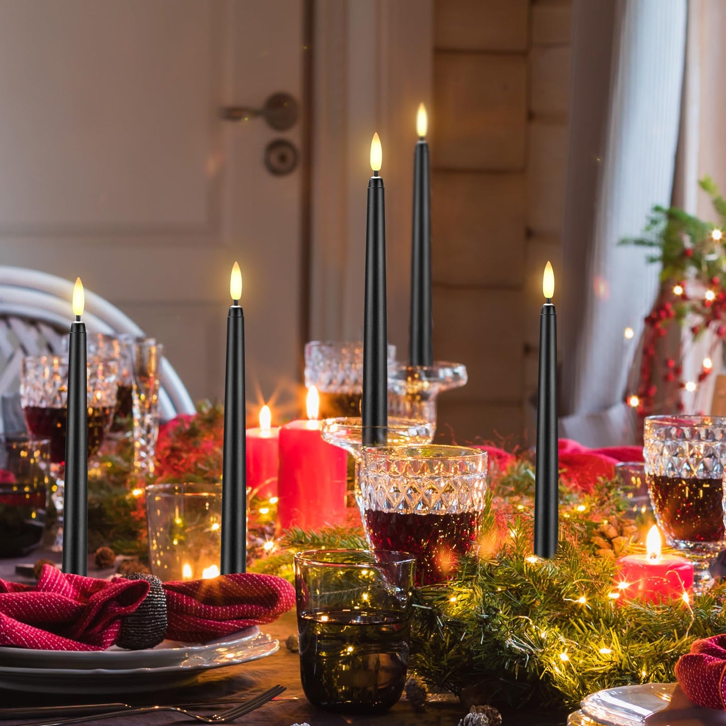 Baquler 50 Pcs Black Flameless Taper Candles 8.5 Inch, Battery Operated Taper Candles LED Warm 3D Wick Flickering Candlesticks for Church Wedding Home Decor Halloween Christmas Hanukkah New Year