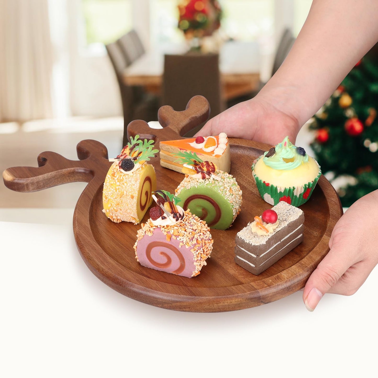 Renawe Decor Christmas Dinner Plate 12"x10" Wooden Cheese Charcuterie Board Xmas Cookies Platter Wood Salad Charger Plates for Christmas Holiday Festive Serving Dish Decorative Round Dessert Trays