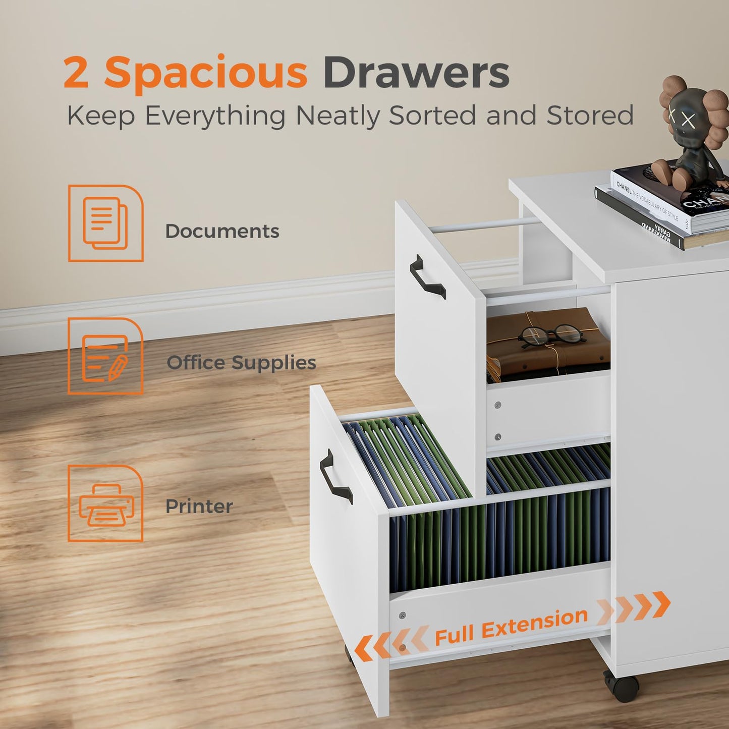 Sweetcrispy 2 Drawer Filing Cabinet White, Rolling Wood File Cabinets with Printer Stand Under Desk Storage Lockable Wheels, Home Office Organizer