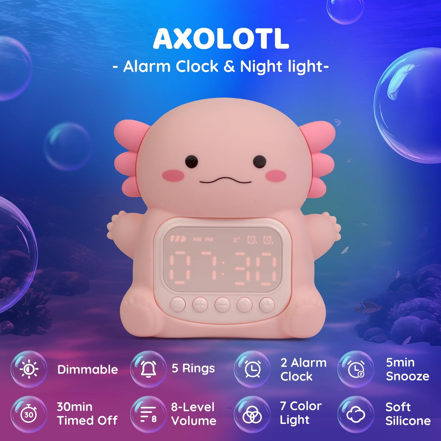 Aokpsrt Axolotl Alarm Clock with Night Light for Kids, Rechargeable Silicone Lamp Time to Wake Clock,Cute Animal Tabletop Lamp, Perfect Sleep Companion for Boys Girls