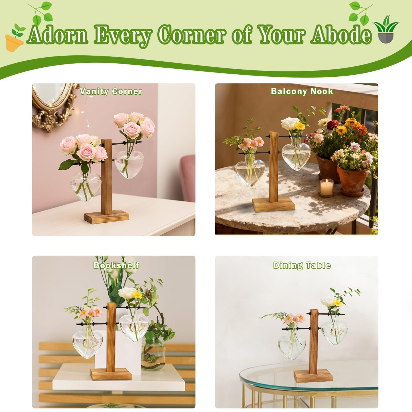 XXXFLOWER Plant Terrarium Wooden Stand, Hydroponic Planter Bulb Glass Metal Swivel Holder Retro Air Plants Water Plants for Home Office Decoration,Gifts for Plant Lover Wife Mom- 2 Love Bulb Vase