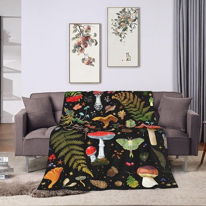 Mushroom Flannel Fleece Bed Blanket Throw Blanket Lightweight Cozy Plush Blanket for Bedroom Living Rooms Sofa Couch 60"X50"