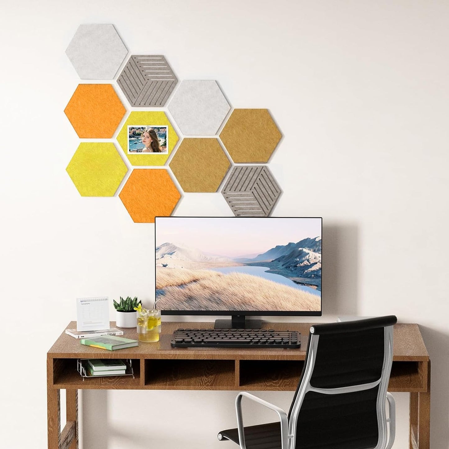 FOCHIER F 10PCS Hexagon Cork Boards for Walls Decor,12"*10.2" Felt Bulletin Board Tiles Sets for Home Office Class Kitchen with 50 Push Pins,Self Adhesive DIY Pin Board for Photos Memos
