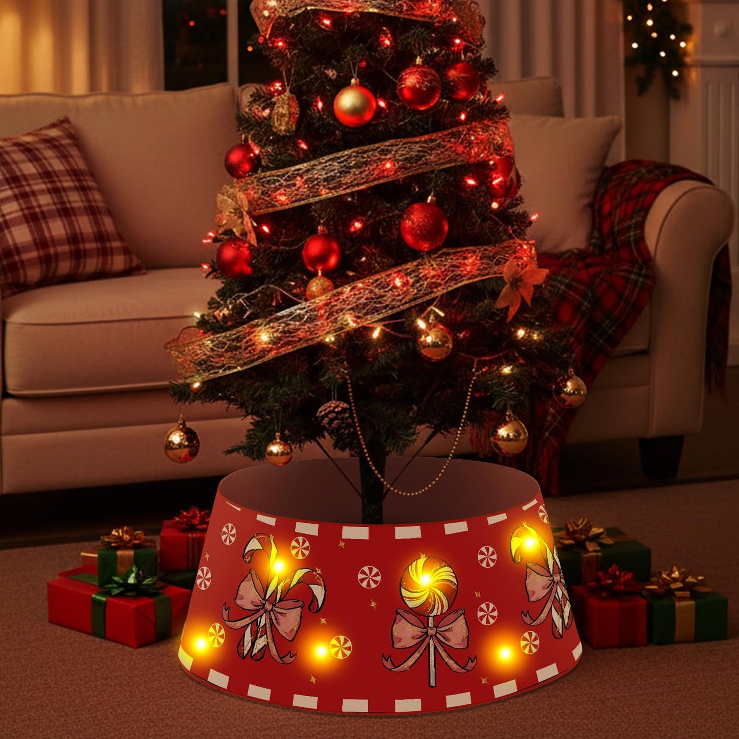 Christmas Candy Cane Tree Collar with LED Light Red Tree Skirt Blue Ring Base Cover for Christmas Trees Decoration Holiday Indoor Outdoor