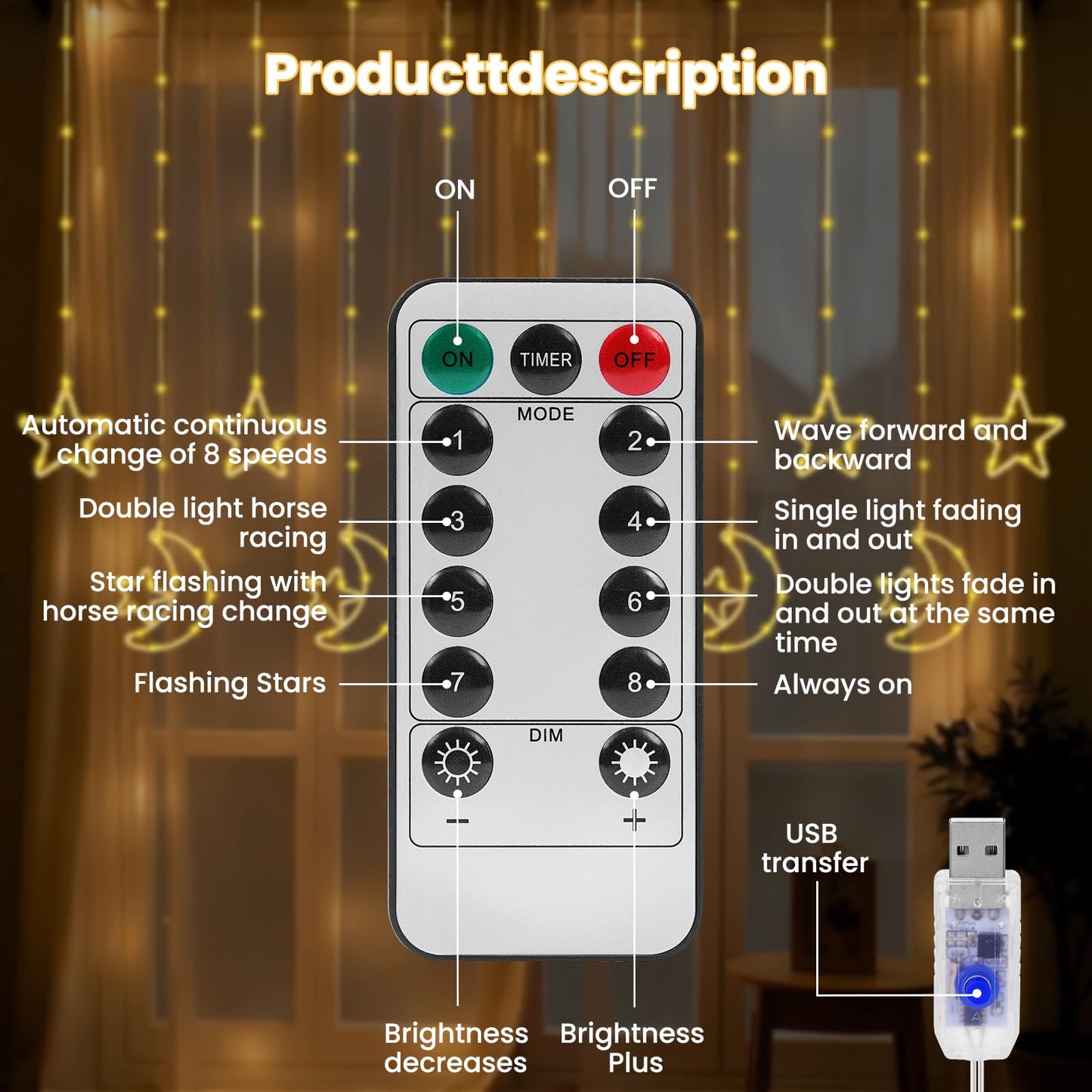 BomKra 130 LED Star Moon Curtain Decorative Lights, Ramadan Window Curtain Fairy String Lights, Remote Control & USB Plug, 8 Lighting Modes, for Indoor, Home Holiday, Party, Ramadan Decorations