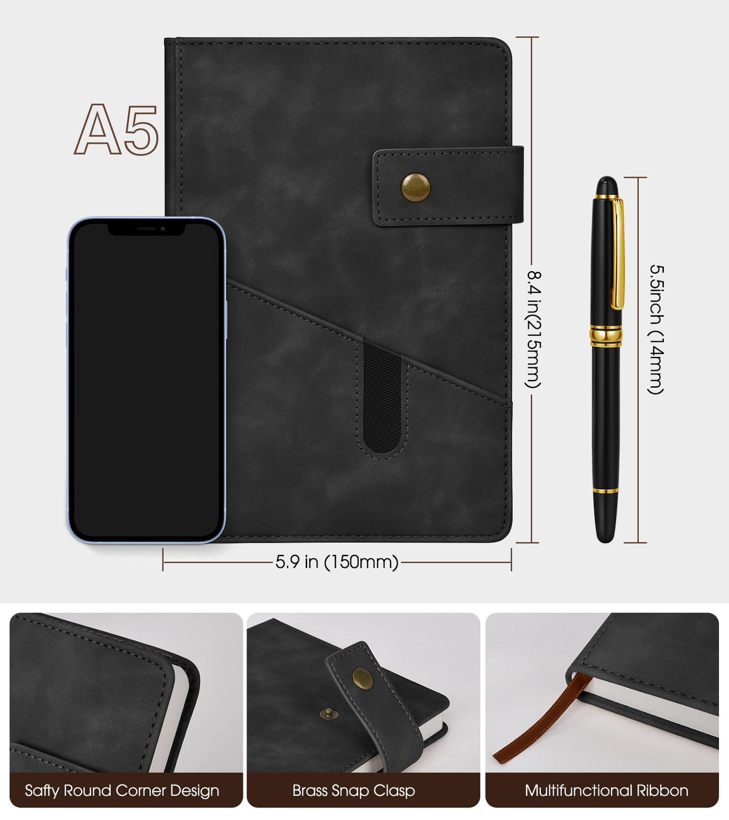 vfaejll A5 Lined Leather Journal Notebook,Hardcover Journal Set with Pen and Gift Box,100Pages 100gsm Thick Ruled Paper Daily Diary for Men Women School,Travel,Business,Work,Writing 5.9" X 8.4"