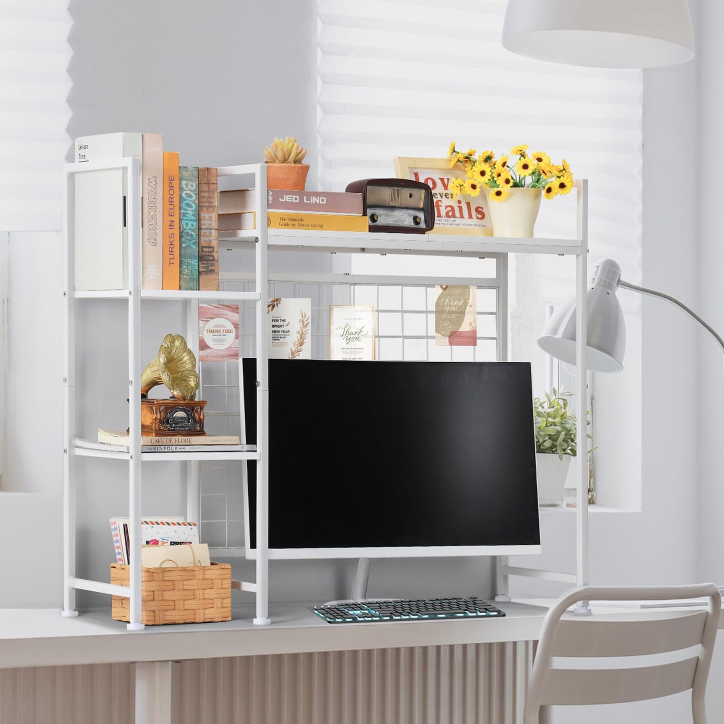 NOVIMANGO Desktop Bookshelf Organizer, Computer Desktop Bookcase, White Desk Hutch Dorm, Multipurpose Wood Desktop Hutch Storage Organizer, 3-Tier Wood Desk Bookshelf for Home Office Dorm
