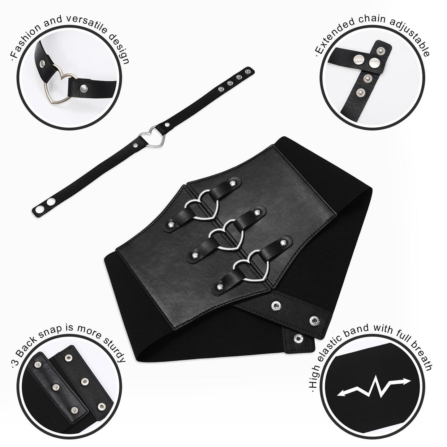 JKEEMI Women Corset Belt With Black Choker Set,Heart-Ring Wide Elastic Waist Goth Leather Corset for Daily Cosplay Halloween Costume Gifts