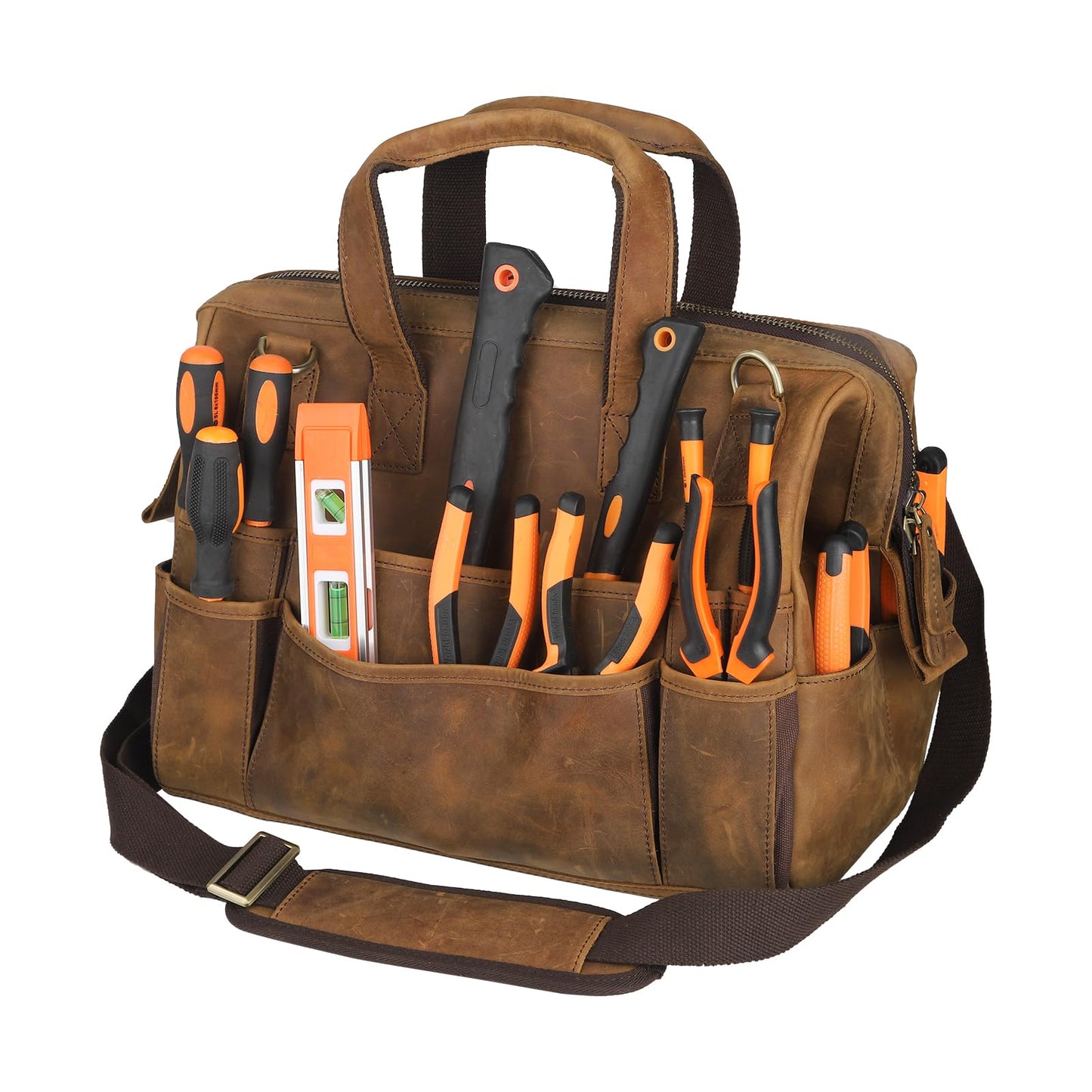 Leather Tool Bag Wide Mouth Tool Storage Bag for Hand Tools 16 inch Tool Tote Bag, Gardening, Outdoorsmen, Heavy Duty Organizer Electrician Tool Bag