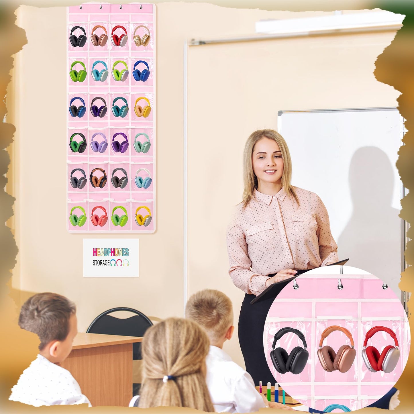 Maasechs Classroom Headphone Storage Organizer 24 PVC Clear Over The Door Hanging Classroom Headphone Holder Pocket with 4 Hooks for School Library(Pink)
