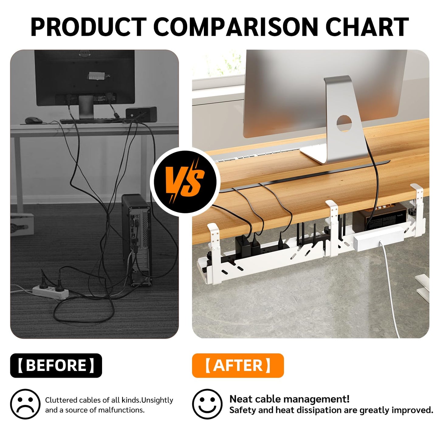 Extended Metal Under Desk Cable Management Tray with Power Outlet, No-Drill Wire Organizer with Clamp, Cord Storage Raceway for Desk Cable Management for Office Home (White)