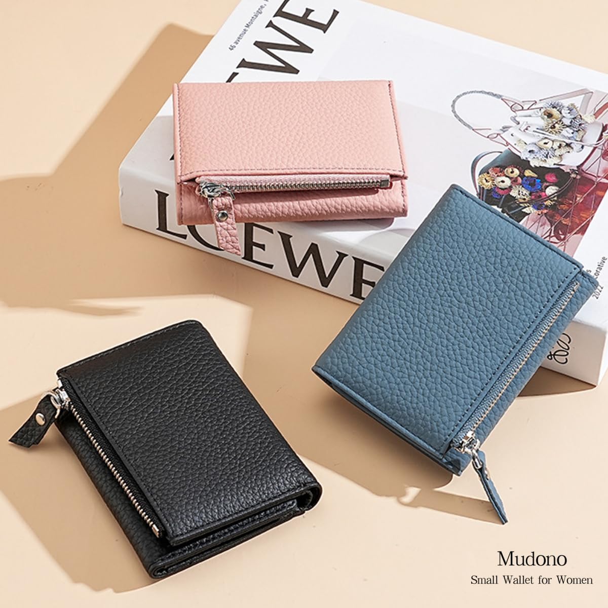 Mudono Women’s Wallet Small Genuine Leather Credit Card Holder RFID Blocking Tri-Fold Wallet With ID Window and Zipper Pocket