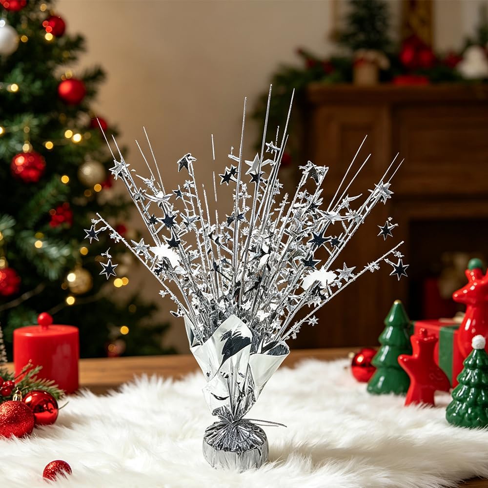 Silver Star Spray Table Centerpieces, 6 Pack Sparkly Silver Starburst Table Toppers, Foil Star Party Decorations for Birthday Graduation 4th of July Wedding New Year Table Decor