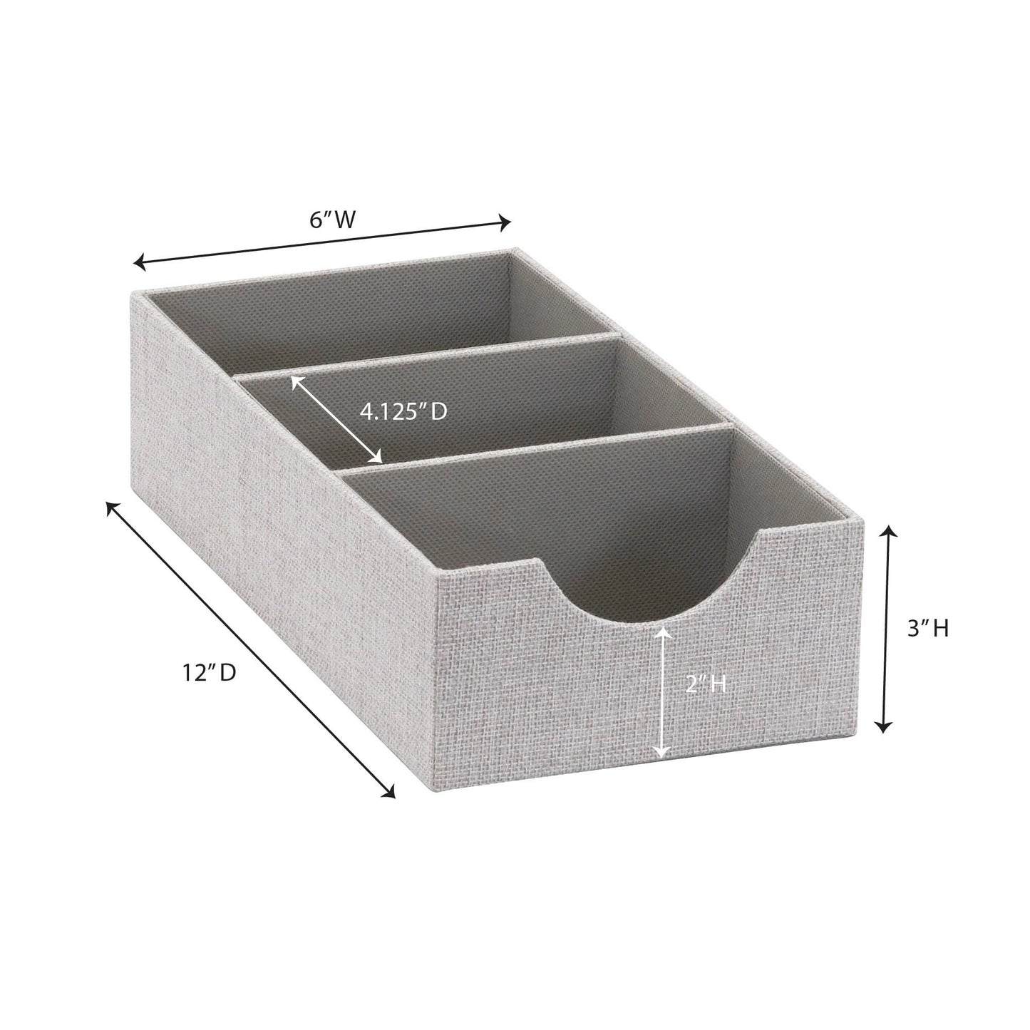 Household Essentials 3 Compartment Organizer Tray 2 Pack, Accessory Organizer, Sturdy Drawer Organizer with Fabric Covering, Gray