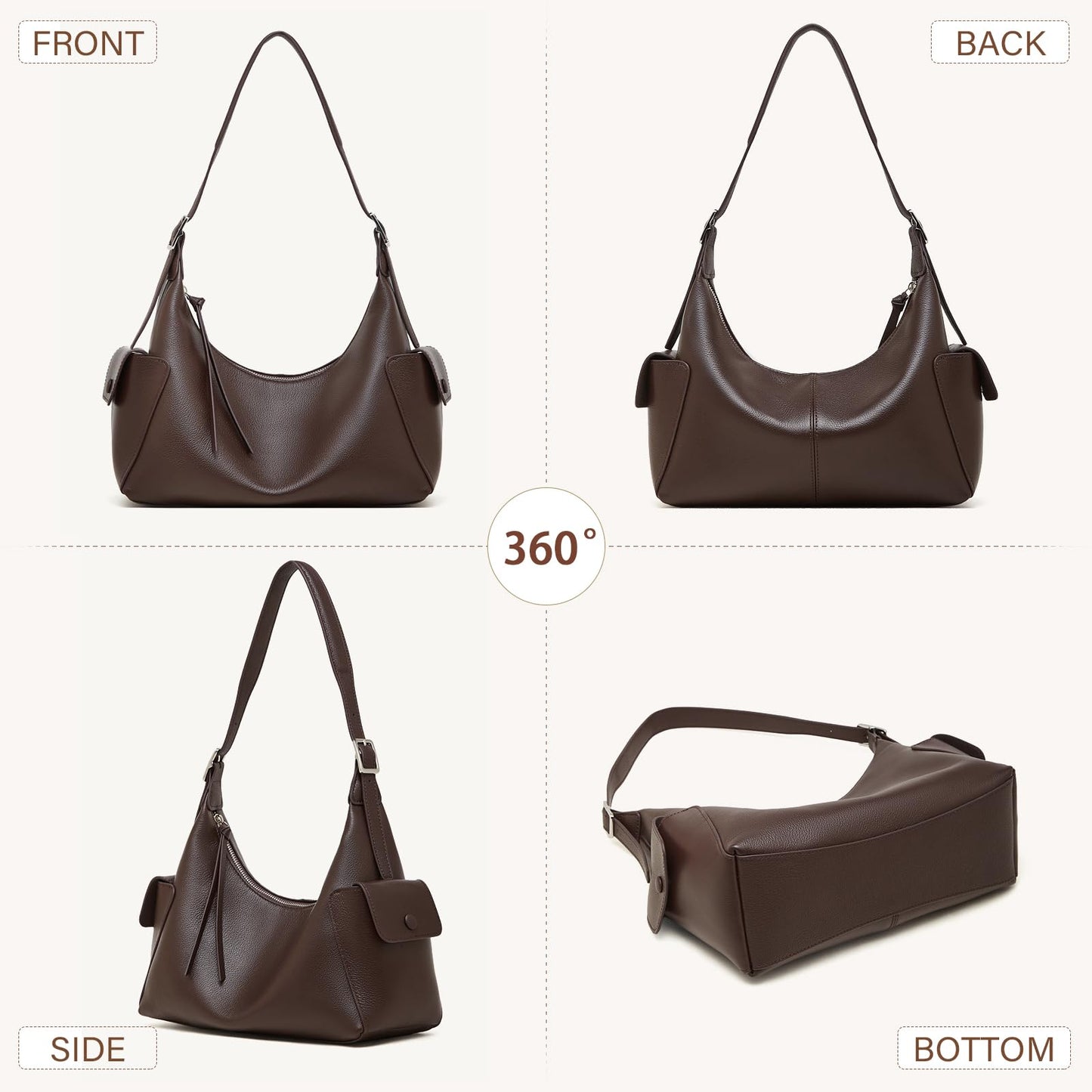 MFFOR Genuine Leather Hobo Bags, Tote Bag for Women, Slouchy Shoulder Purse, Crossbody Bags with 2 Removable Strap (Coffee)