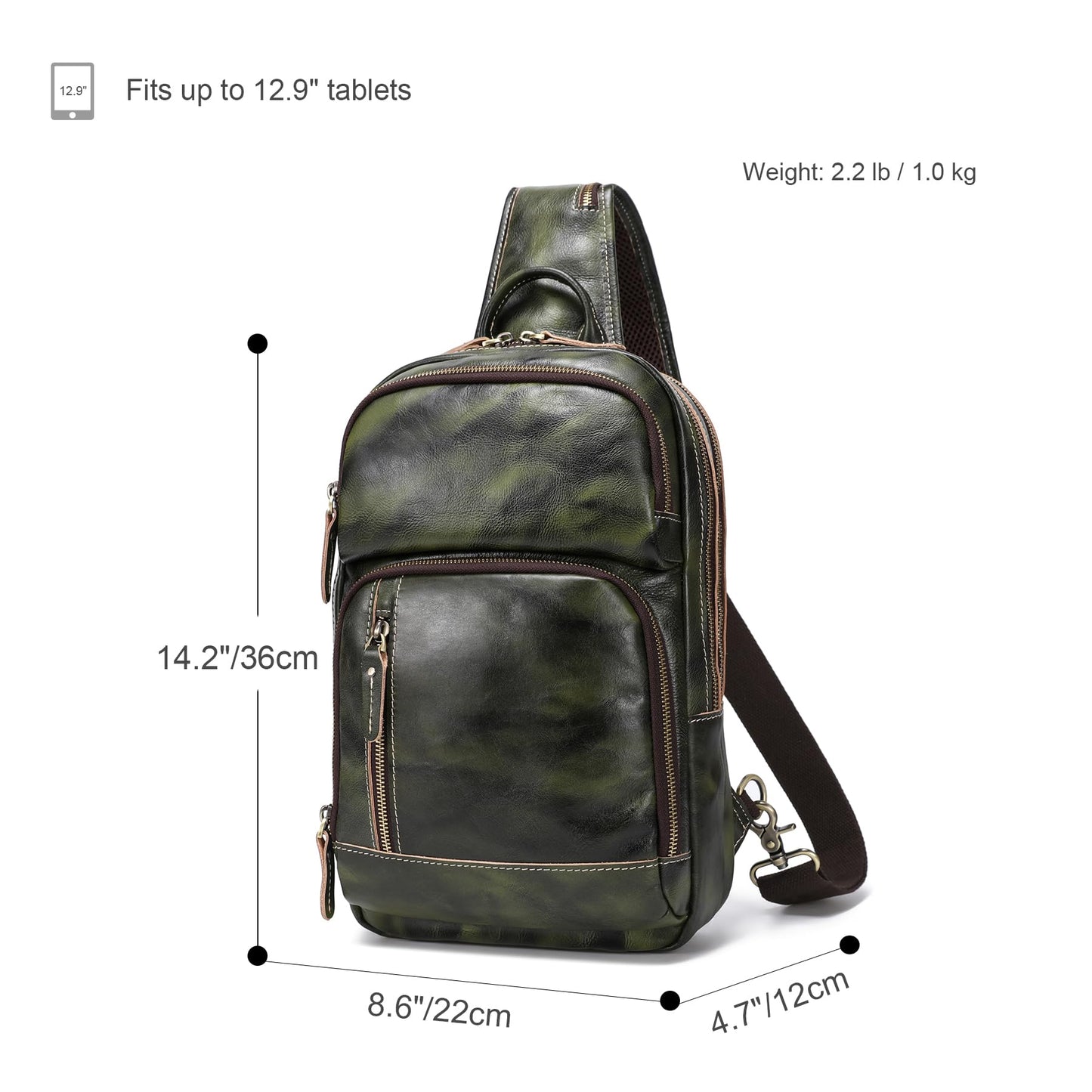 LANNSYNE Vegetable Tanned Leather Sling Bag For Men, Crossbody Chest Daypack fits 12.9" iPad