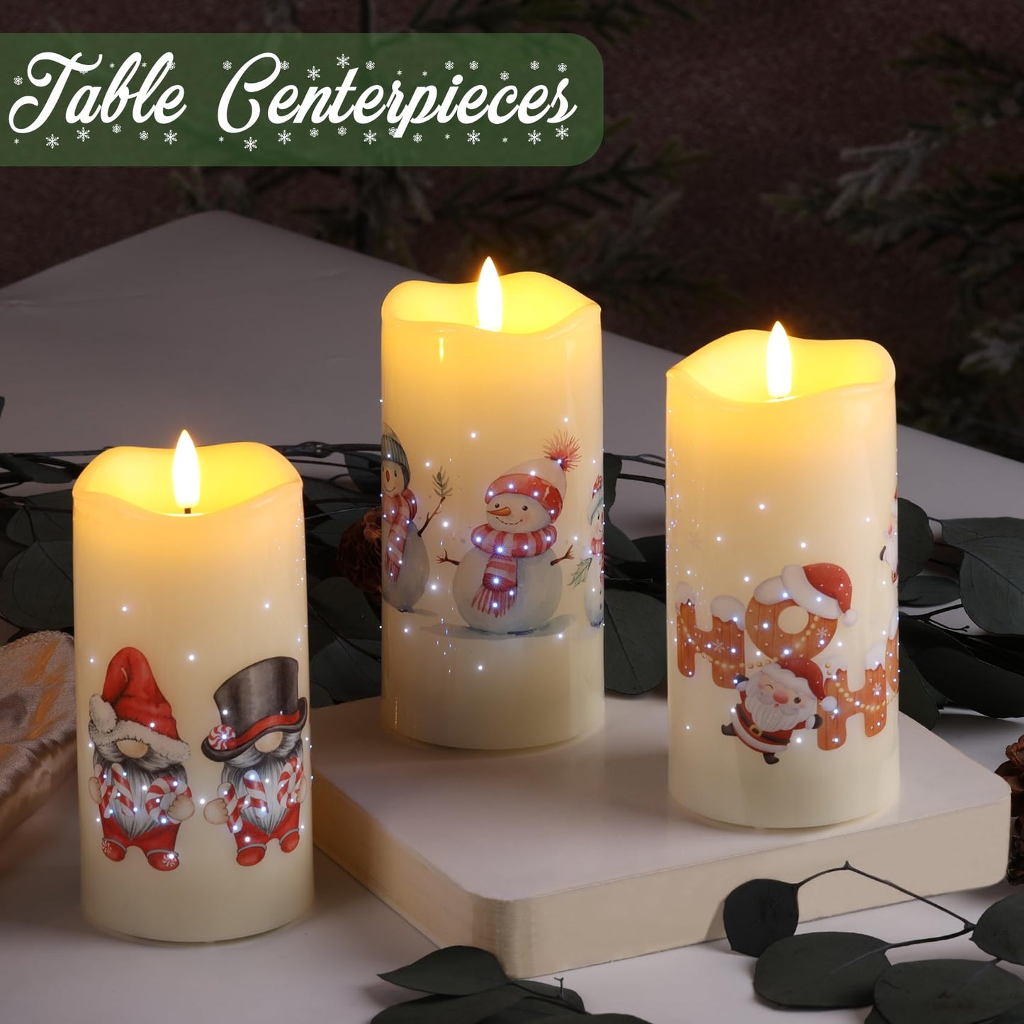 Eywamage Christmas Fiber Optic Flameless Pillar Candles with Remote, Santa Snowman Gnomes LED Battery Candles Holiday Winter Decor Set of 3