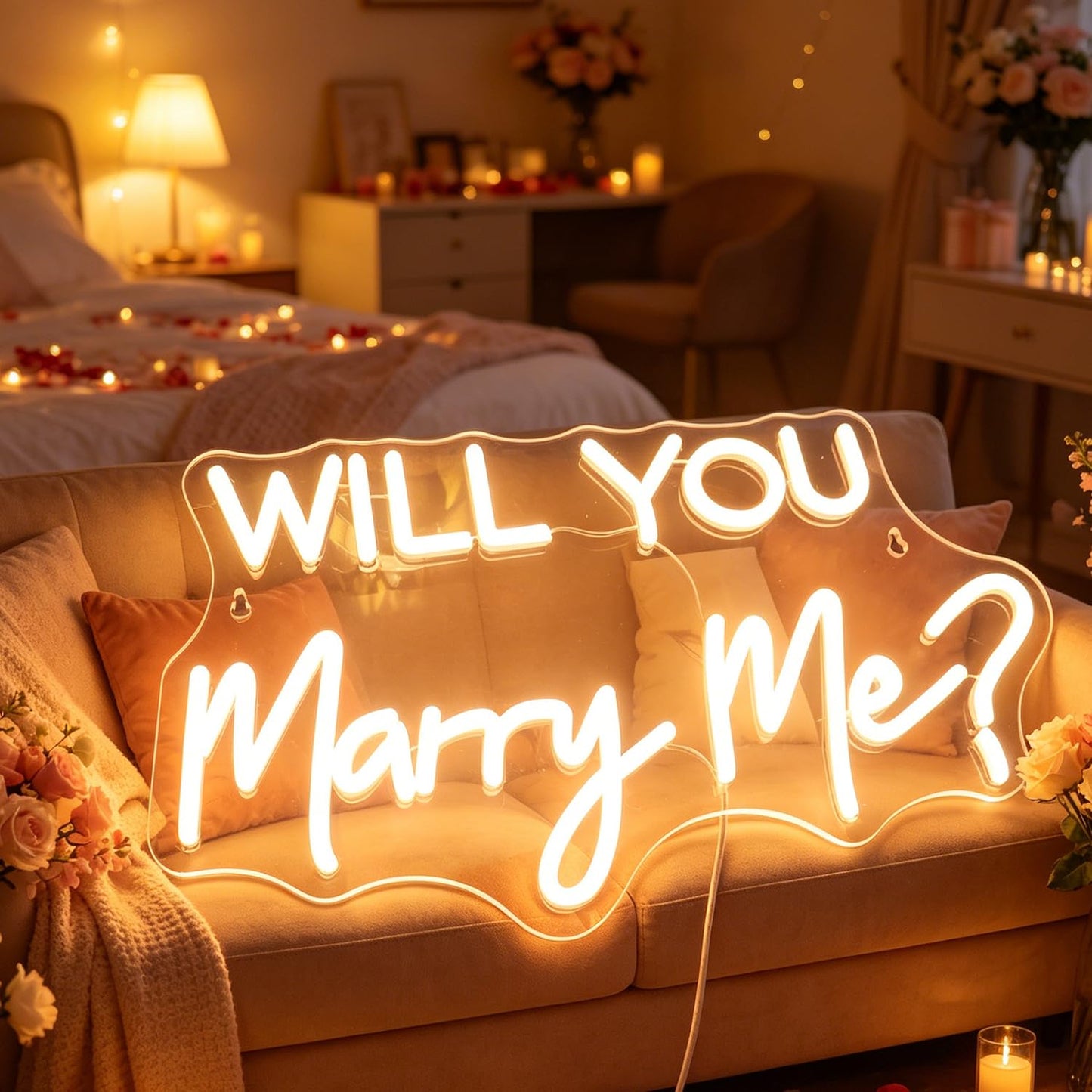 QiaoFei Led Will You Marry Me Neon Sign Word/Letters USB with Dimmer Switch Neon Lights for Room Decor Wedding Engagement Wall Hanging Decoration (Warm white)