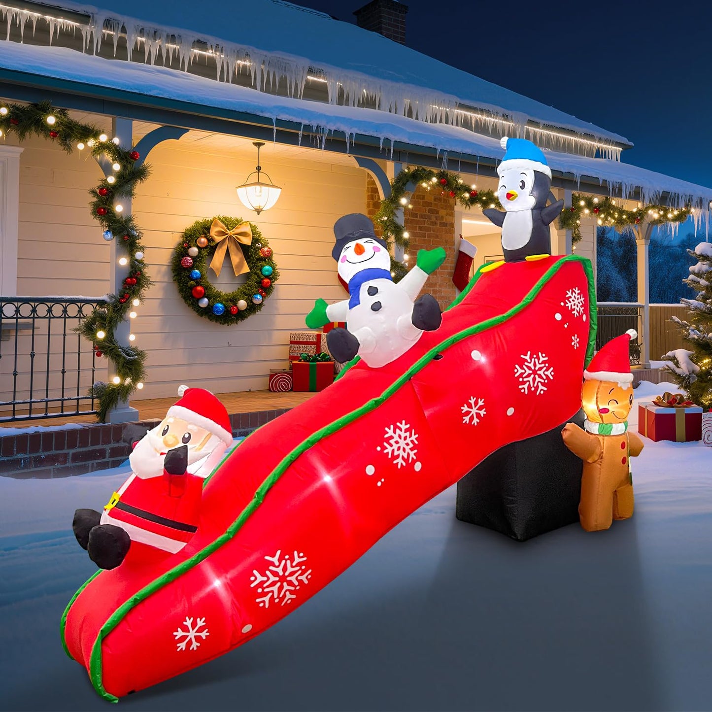 EAONE 7FT Christmas Inflatables Outdoor Decorations, Cute & Funny Inflatatable Christmas Santa Snowman Slide Blow Ups Yard Decoration with Lights for Garden Lawn Home Xmas Holiday Season Decor