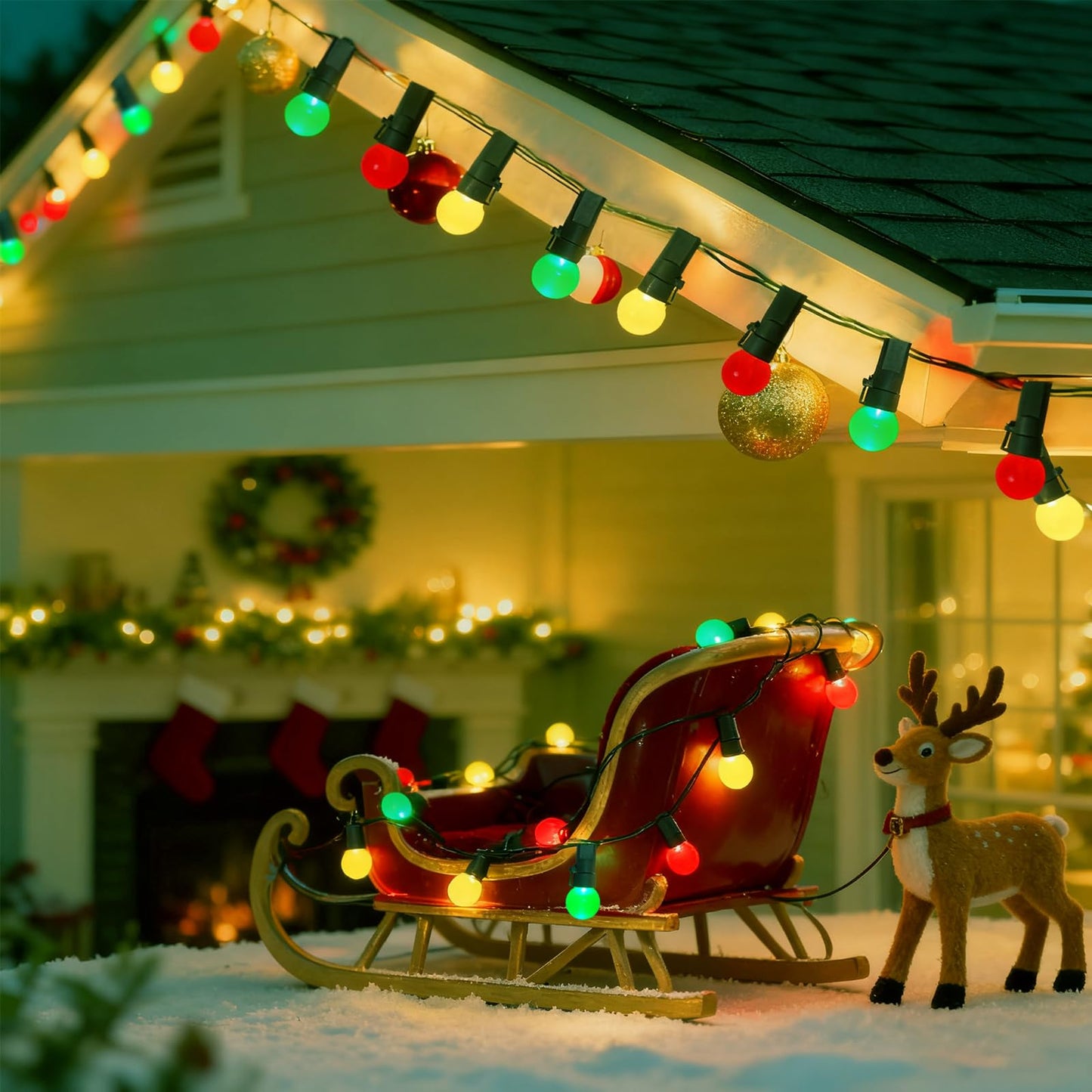 Round Christmas Lights Outdoor 13.5Ft G15 Red Green White Christmas Lights 50 LED Mini Globe String Light Indoor, Shatterproof Connectable & Plug in Xmas Light for Home Wreath Porch Patio Tree Decor