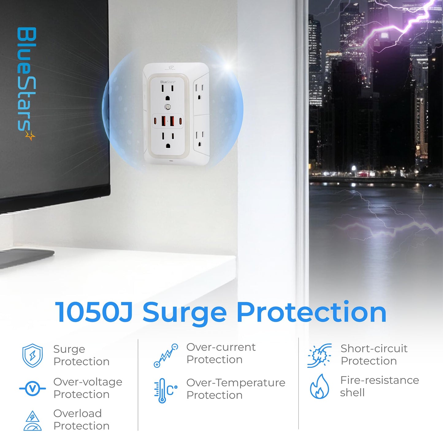 Wall Mount Power Strips Wall Charger 6 Outlet Extender 4 USB Ports (5V, 2.4A, 12W) and Night Light 3-Sided Power Strip with Adapter Spaced Outlets - Multi Plug Outlet Surge Protector for Home Office