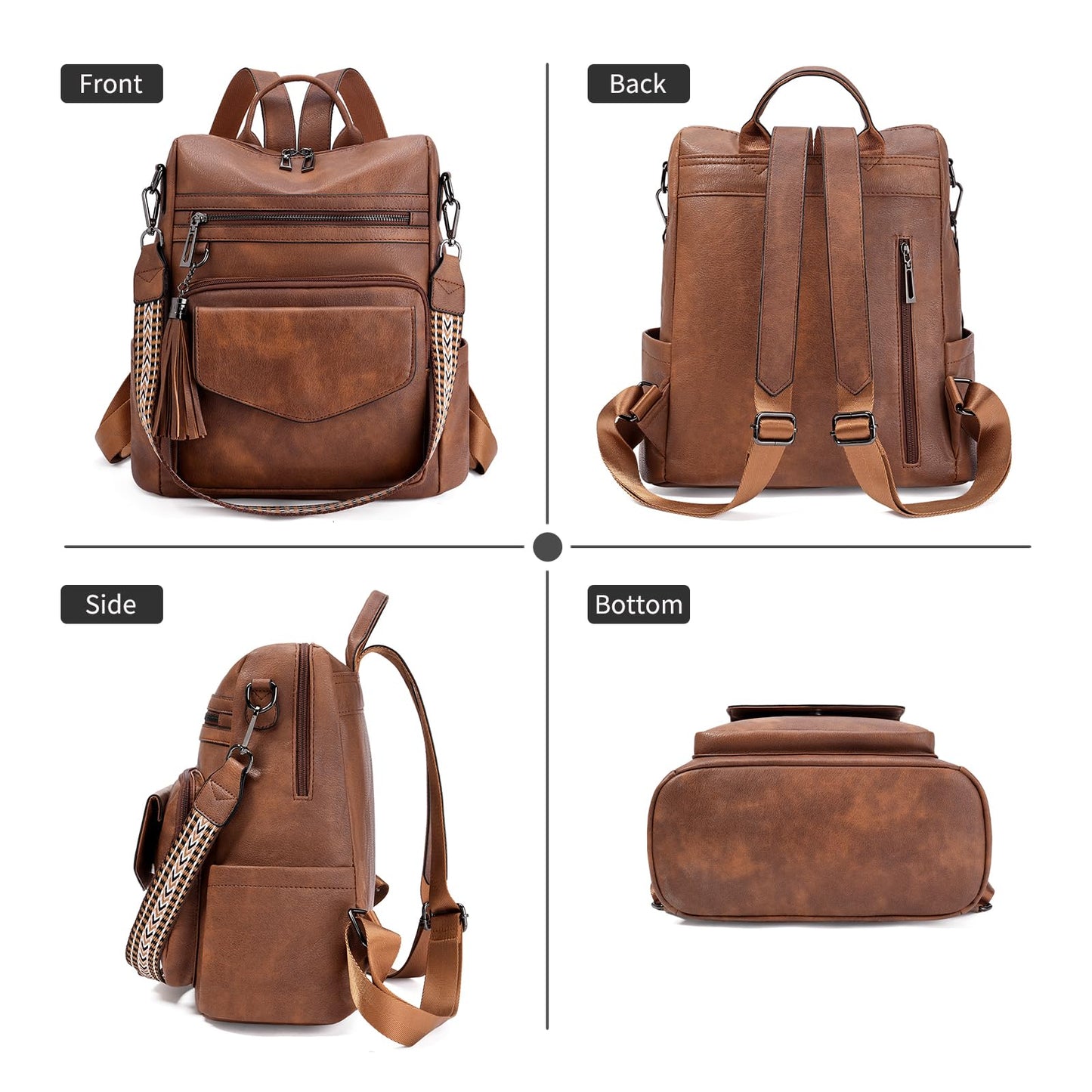GAEKEAO Backpack Purse for Women Fashion Leather Designer Travel Backpack Purses Convertible Shoulder Bag with Wristlet(Shiny Brown)