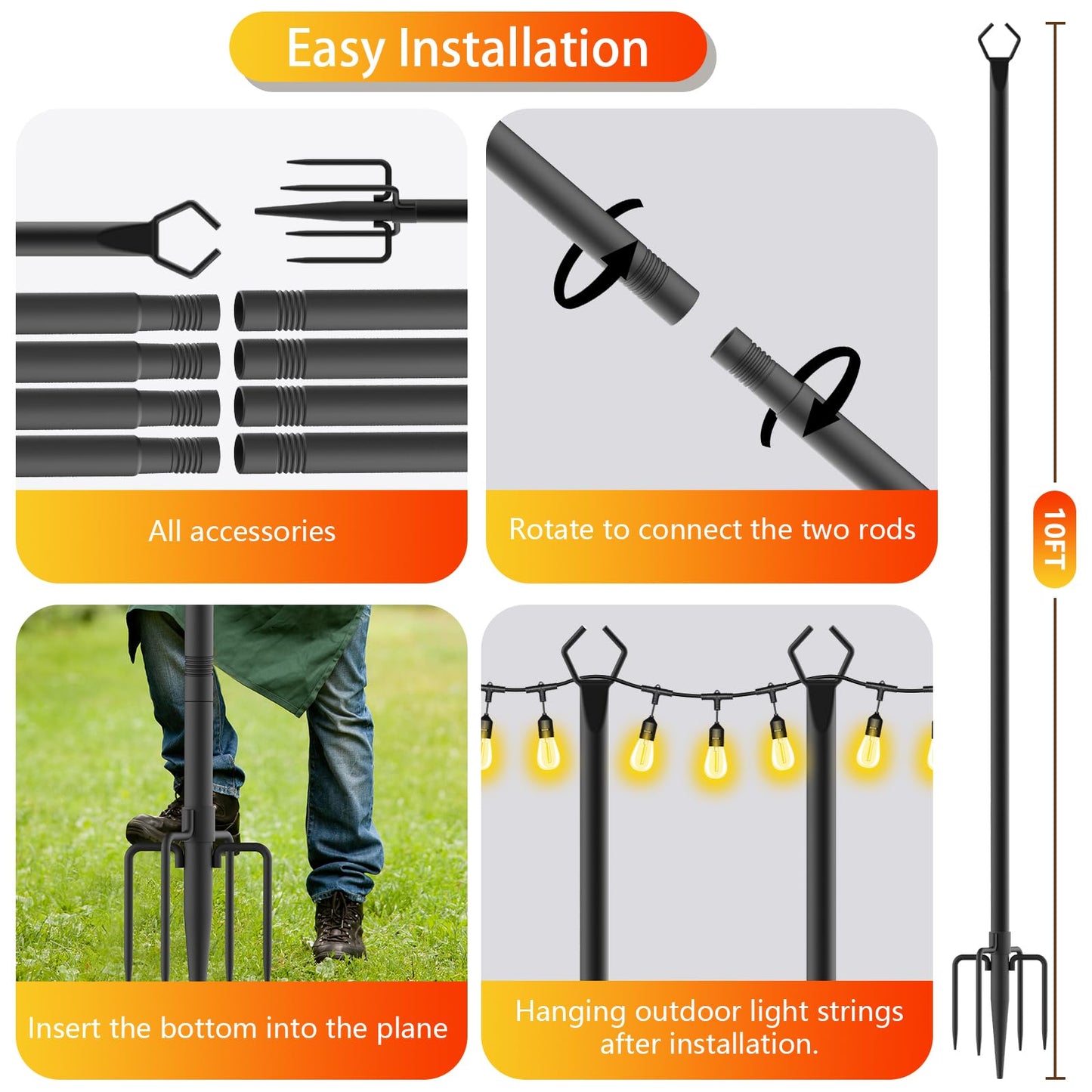 LETIANPAI 8 Pack String Light Poles,10 FT Metal Poles with Fork for Outdoor String Lights,Outdoor Light Poles with Fork,Poles/Post/Stand for Outside