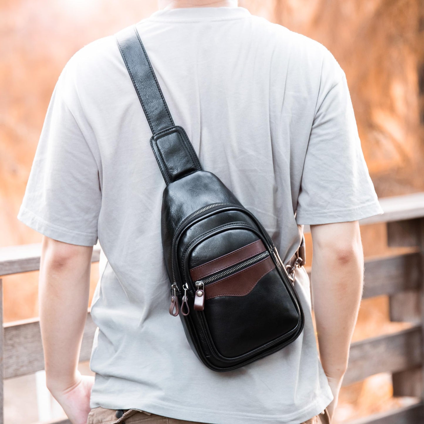 Genuine Leather Sling Bag for Men and Women Crossbody Shoulder Bag Sling Backpack Chest Purse Carry on Casual Daypack(Black)