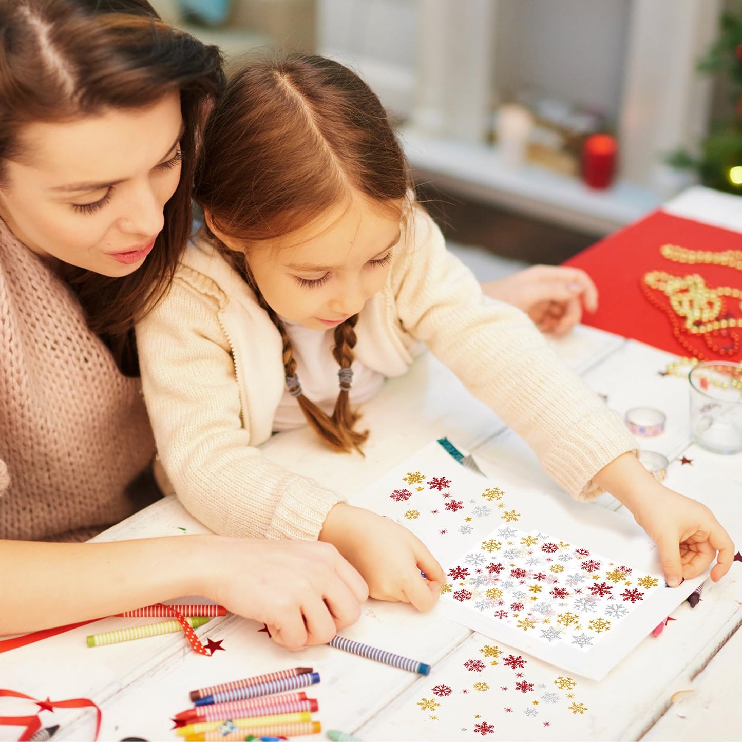 Whaline 330 Pcs Winter Glitter Stickers Gold Silver Red Snowflake Decals Self Adhesive Stickers for Christmas Home Party DIY Crafts Supplies, 10 Sheets