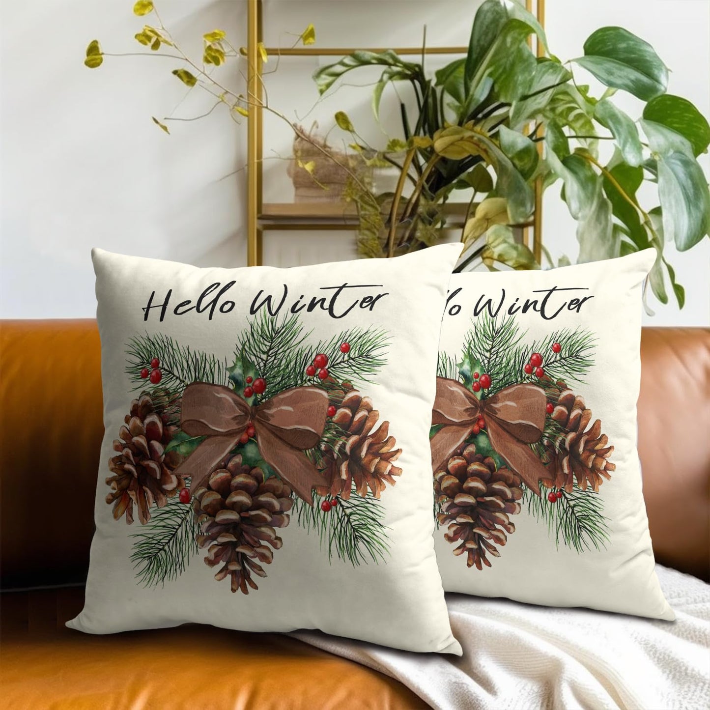 Winter Pinecone Pillowcase Set of 2 Pine Cone and Leaf Decor Throw Pillows Square 18x18 Inch Xmas Merry Christmas Holiday Winter Pillow Cushion Covers for Home Living Room Bed Sofa Outdoor Couch