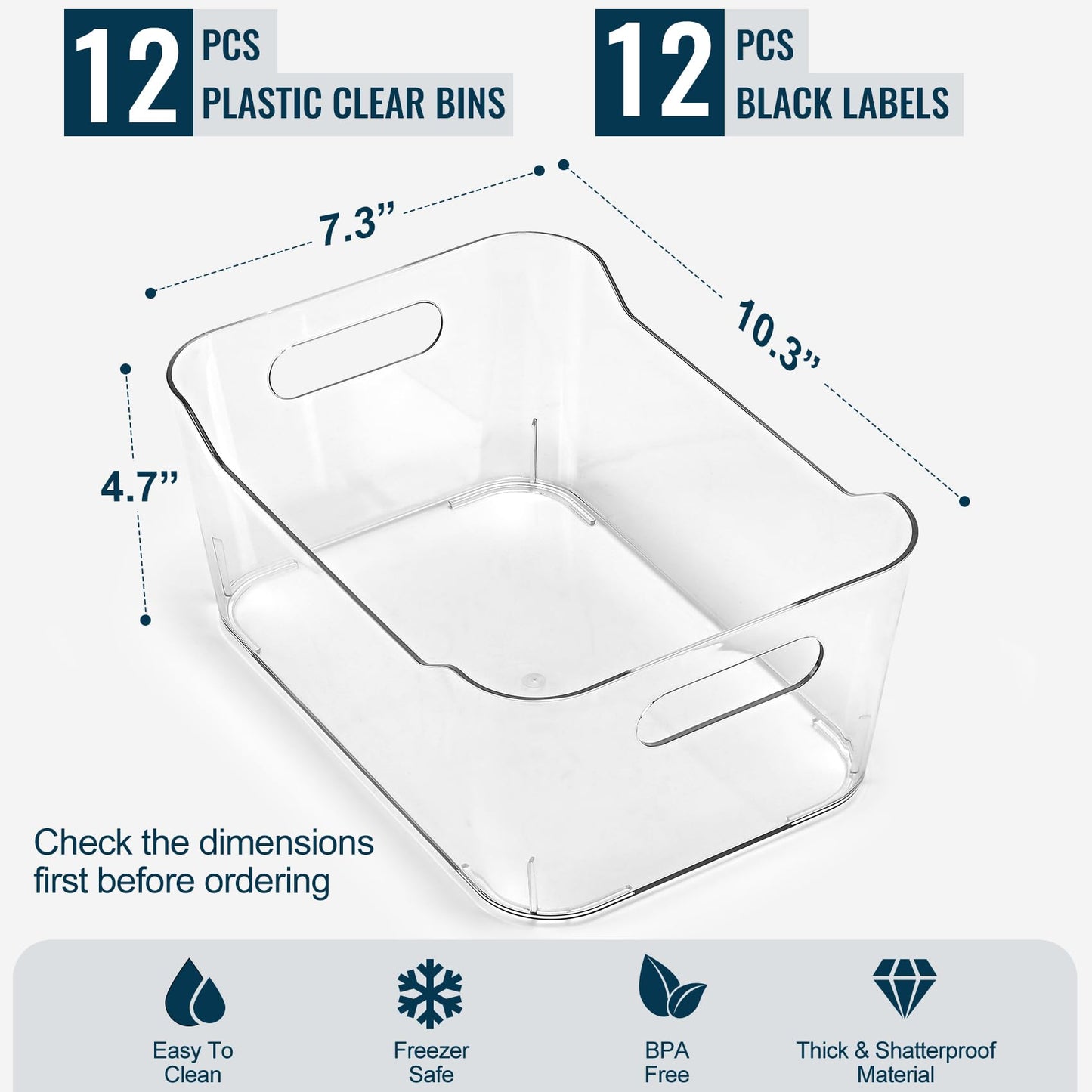 12 PACK Multi-Use Clear Plastic Storage Bins for Organizing w/Labels - Home, Kitchen, Pantry, Bathroom, Office, Cabinet Shelf Organizer Bins - SOHO Collection, RV, Fridge Organization Containers - L