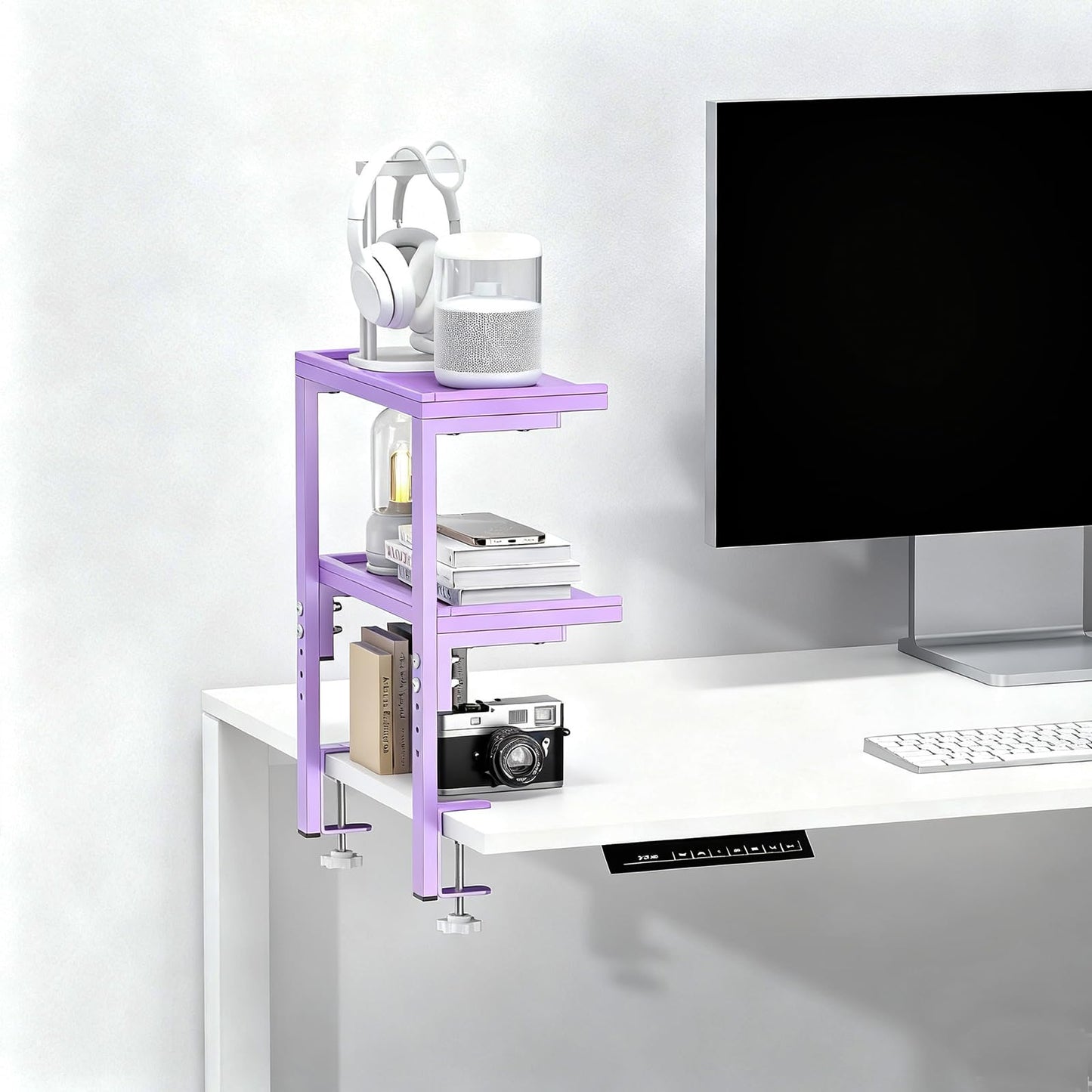 OUTIOE 2-Tier Desk Shelf, Expandable Under Desk Storage, Clamp on Desk Shelf, Desktop Accessories for Offices, Study Rooms, and Game Rooms (Purple)