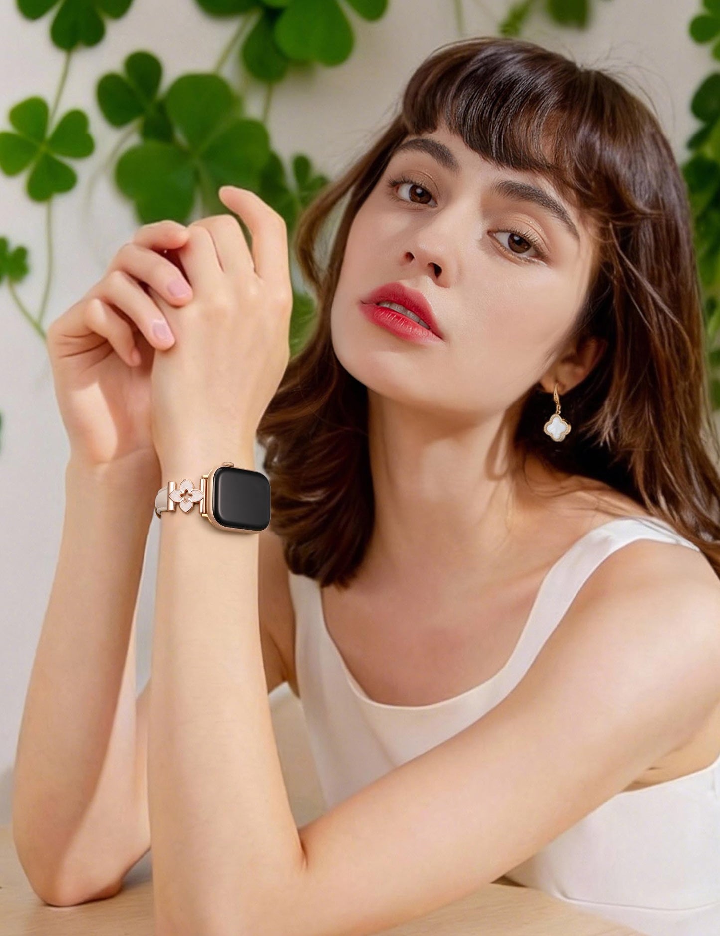 Minyee Compatible with Apple Watch Band 38/40/41/42mm Women, Dressy Chic Premium Soft Leather Strap with Dainty Flower Charm for iWatch Series 11 10 9 8 7 6 5 4 Ultra/SE 3 2 1, Starlight/Rose Gold