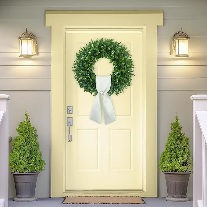 Boxwood Wreaths for Front Door 18-20'', UV Resistant Leaves with White Flower Core, Artificial Green Wreath with a Sash for Farmhouse Wedding Outdoor Indoor Hanging Decor All Seasons