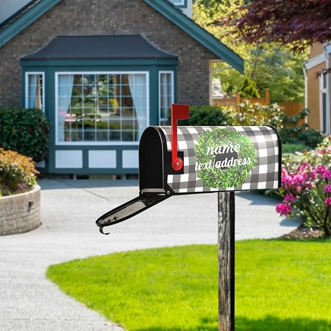 Kcldeci Custom Address Mailbox Covers Magnetic - Personalized Boxwood Wreath Plaid Mailbox Magnet Decor 21x18