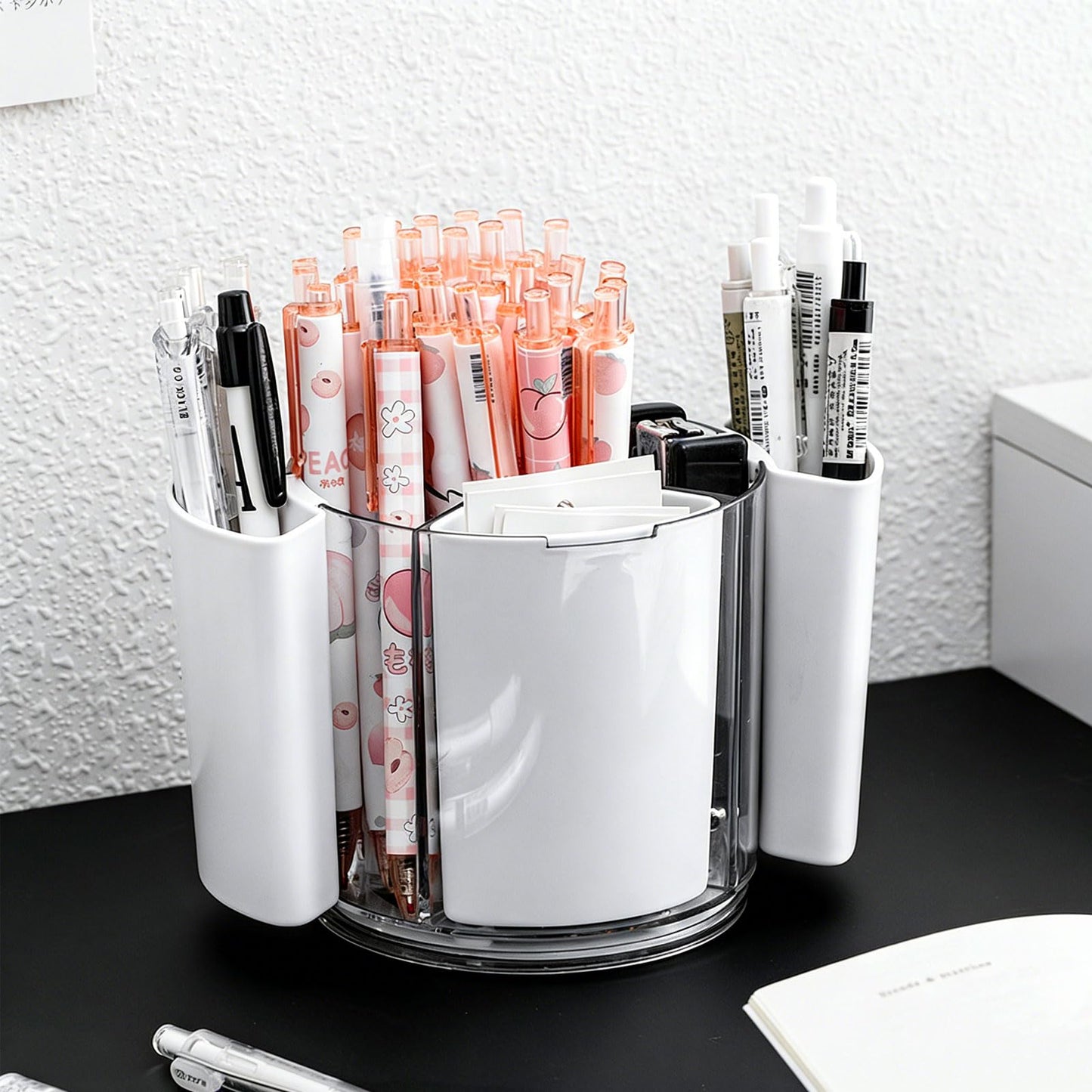 Hikiwin 360 Rotating Plastic Desk Pen Organizer, Rotating Detachable Desk Organizer, Multi Compartment Pen Holder, 5 Slots Unique Make Up Brushes Cup for Cosmetics, Art Supply, White, 1 Piece