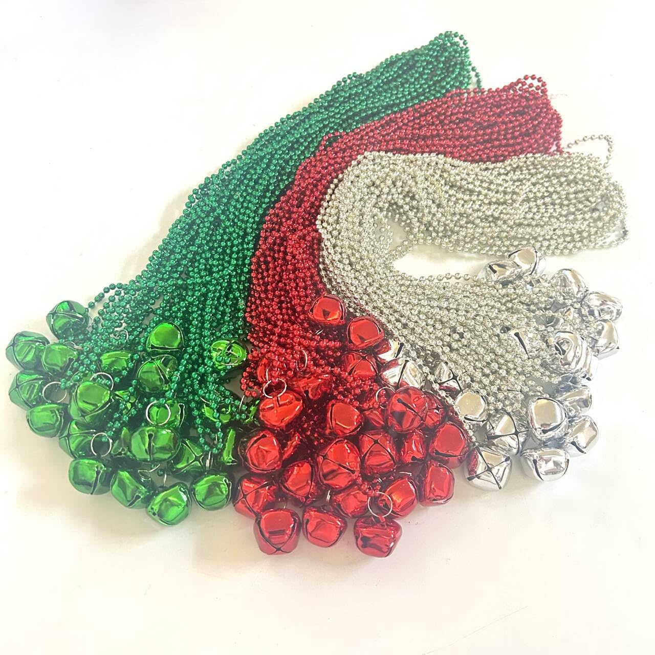 GZYSSL 72 Pcs Christmas Jingle Bell Party Beads Necklaces Red Silver Green Christmas Tree Holiday Jingle Bell Beads Party Supplies