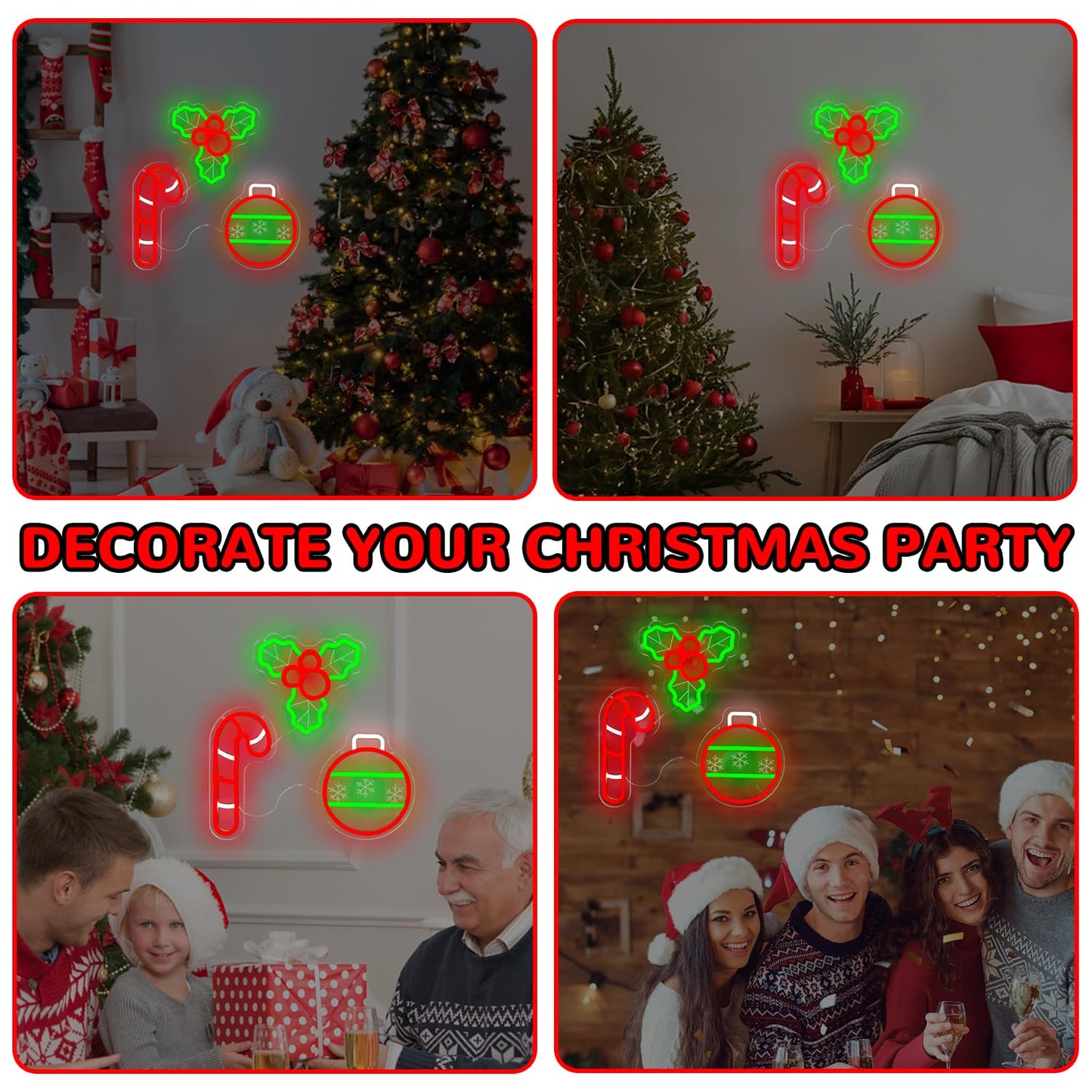 hhuohuona Christmas Neon Sign 3-Piece Dimmable Lighted Holly Berry Christmas Ball Candy Cane Led Sign Xmas Window Lights Holiday Party Light Up Signs for Wall Decor