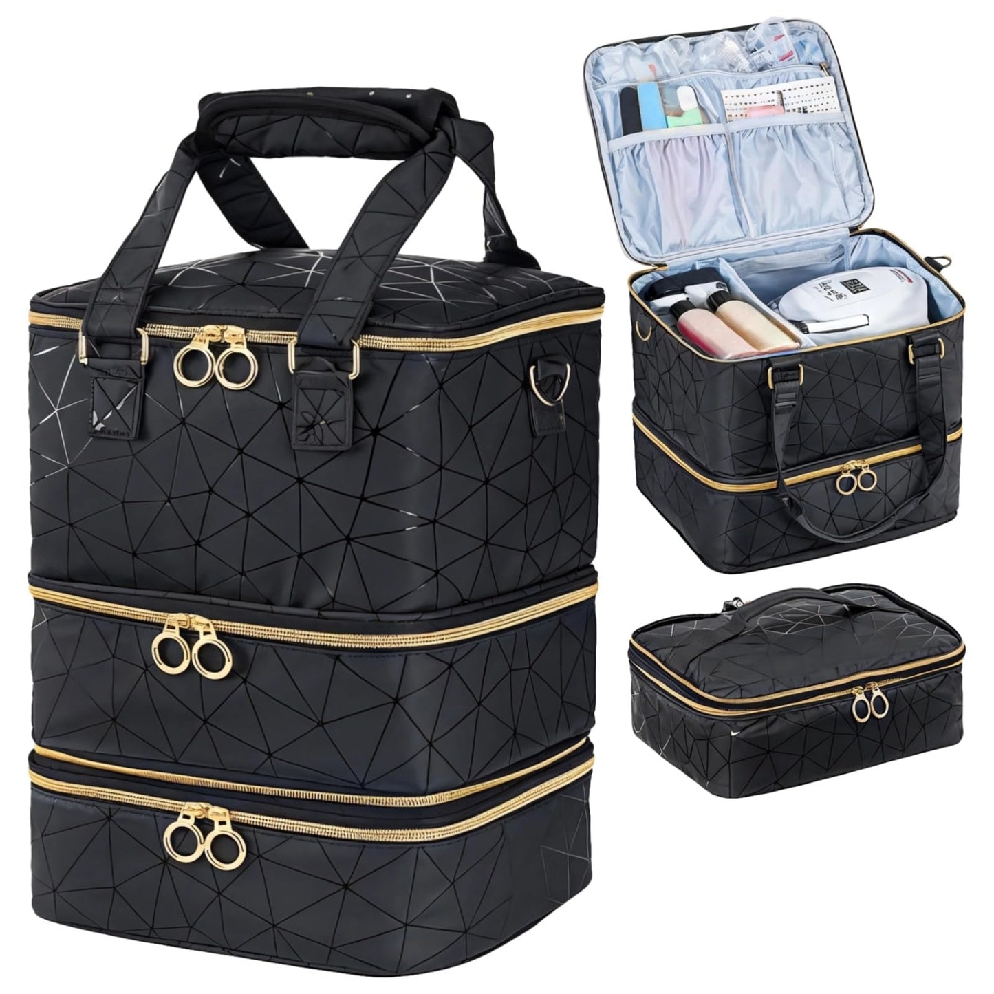 Nail Polish Organizer Case, Detachable 3 Layer PU Leather Storage Holder, Holds 60 Bottles, Shockproof Manicure Bag for Nail Lamp Tools, Portable Travel Supply Carrier (Black)